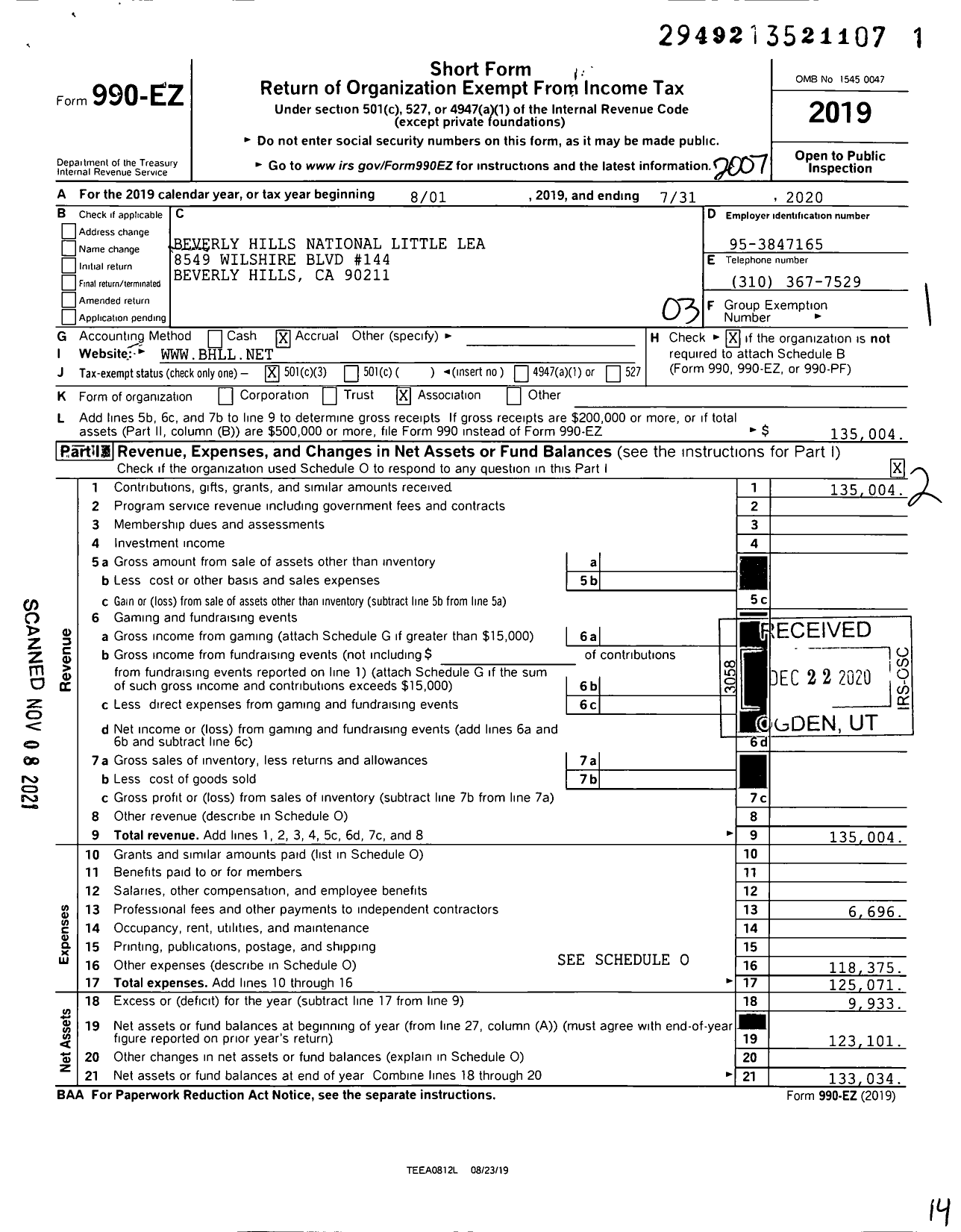 Image of first page of 2019 Form 990EZ for The Beverly Hills National Little League