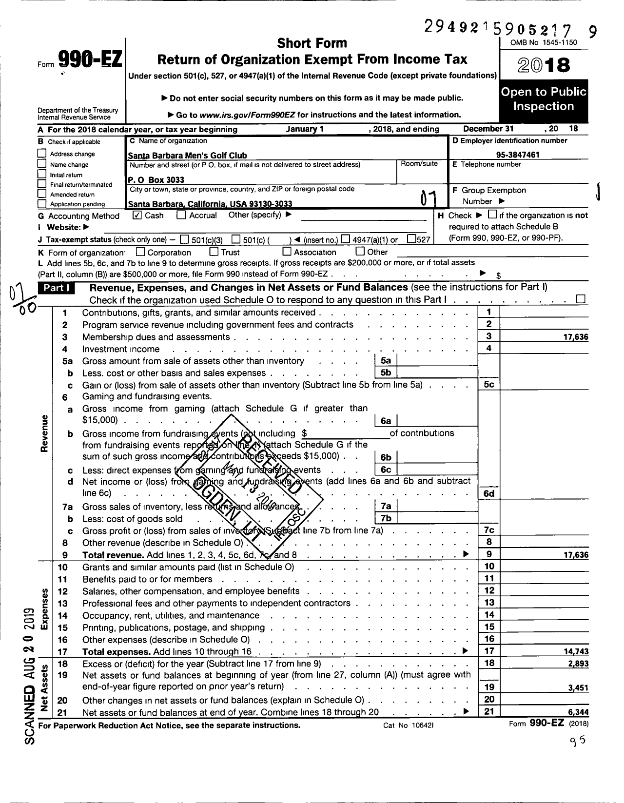 Image of first page of 2018 Form 990EO for Santa Barbara Mens Golf Club