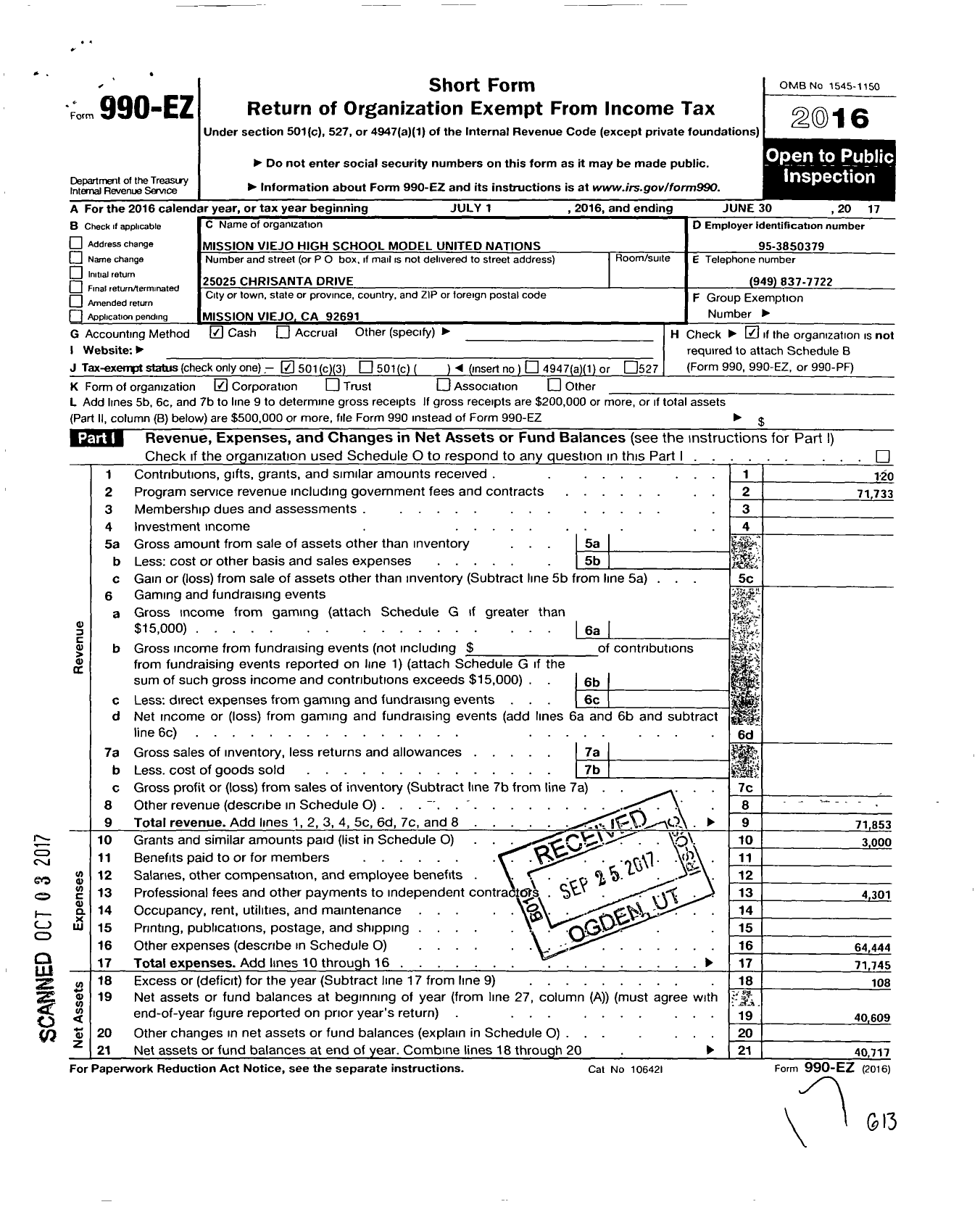 Image of first page of 2016 Form 990EZ for Mission Viejo High School Model United Nations