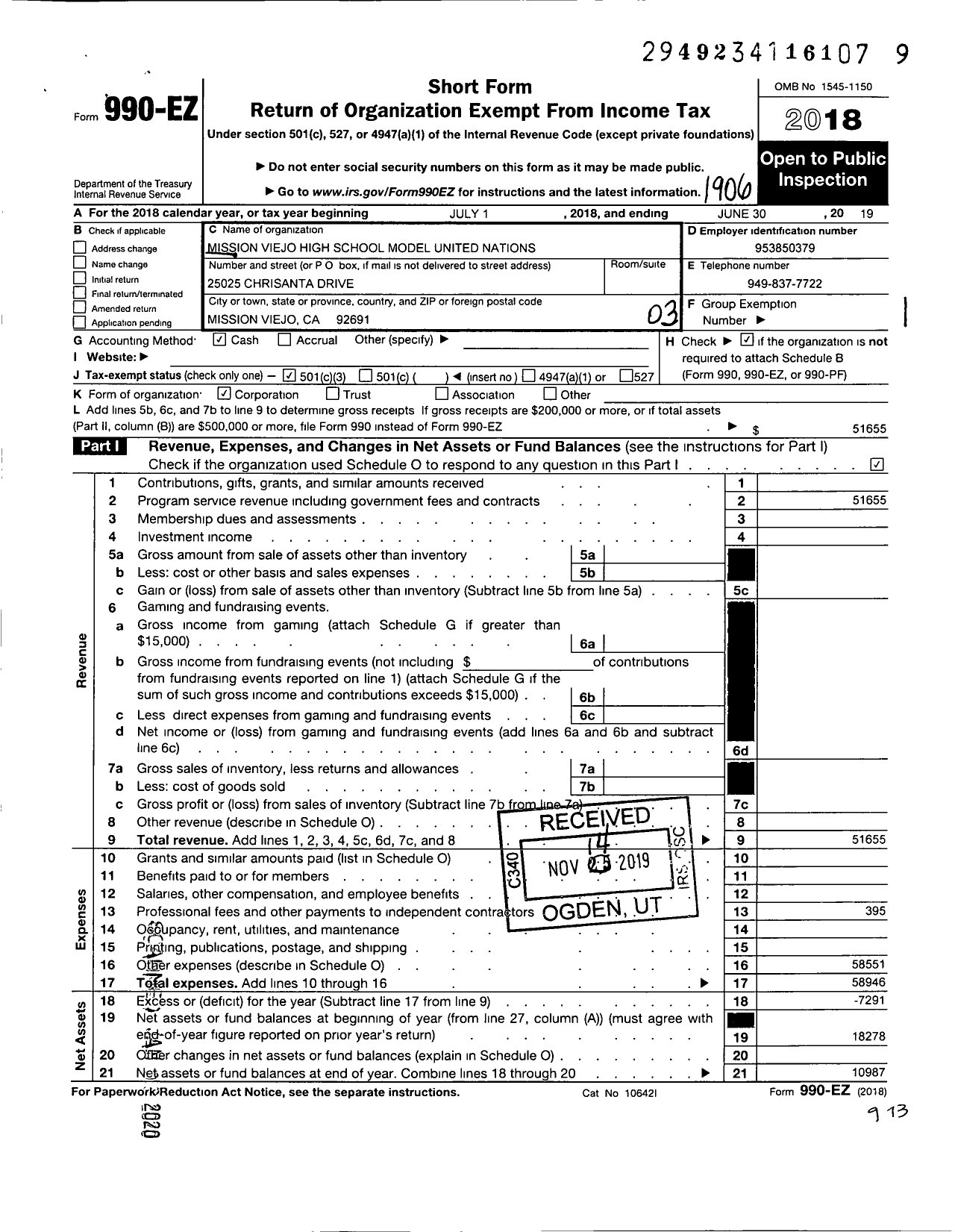 Image of first page of 2018 Form 990EZ for Mission Viejo High School Model United Nations