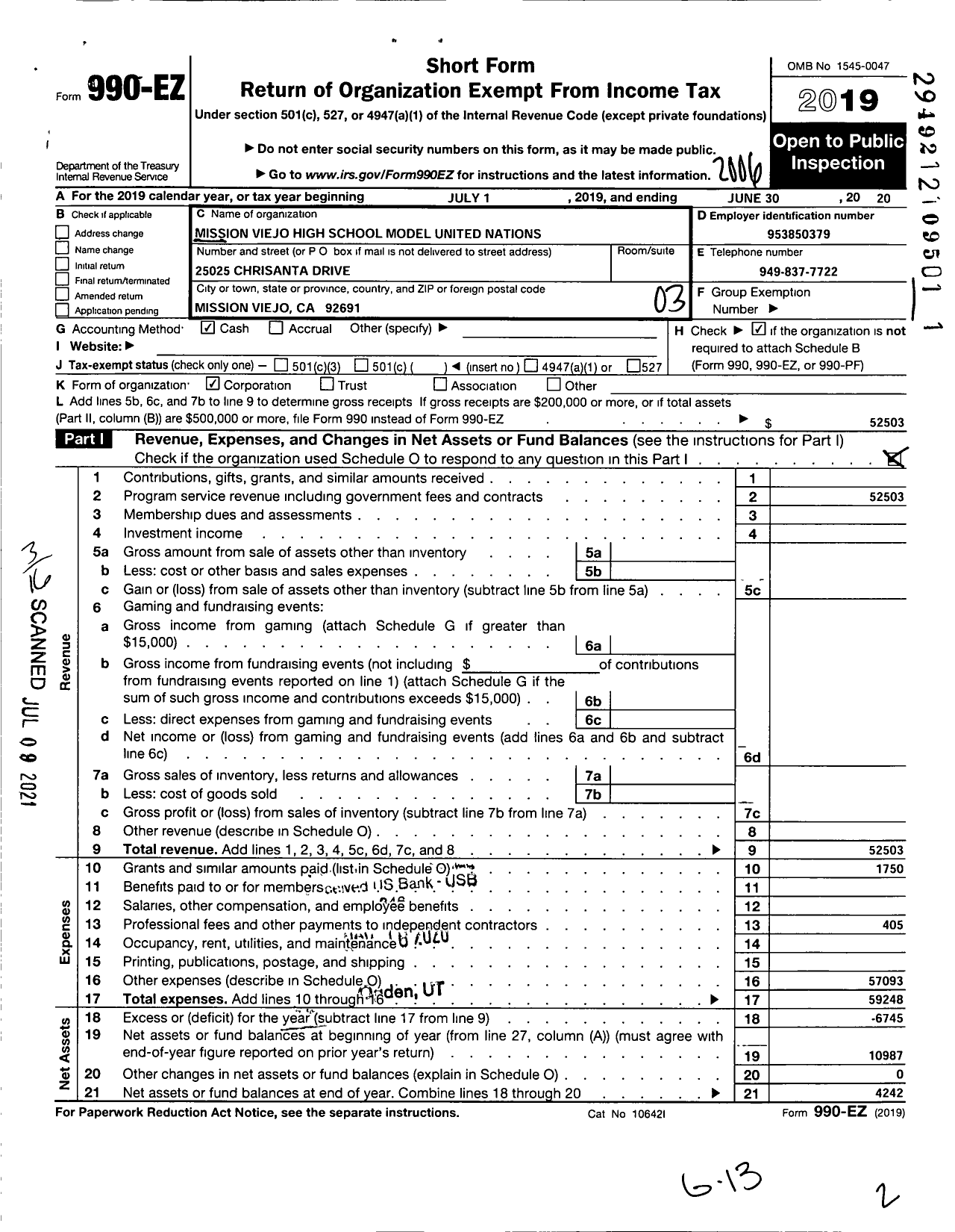 Image of first page of 2019 Form 990EZ for Mission Viejo High School Model United Nations