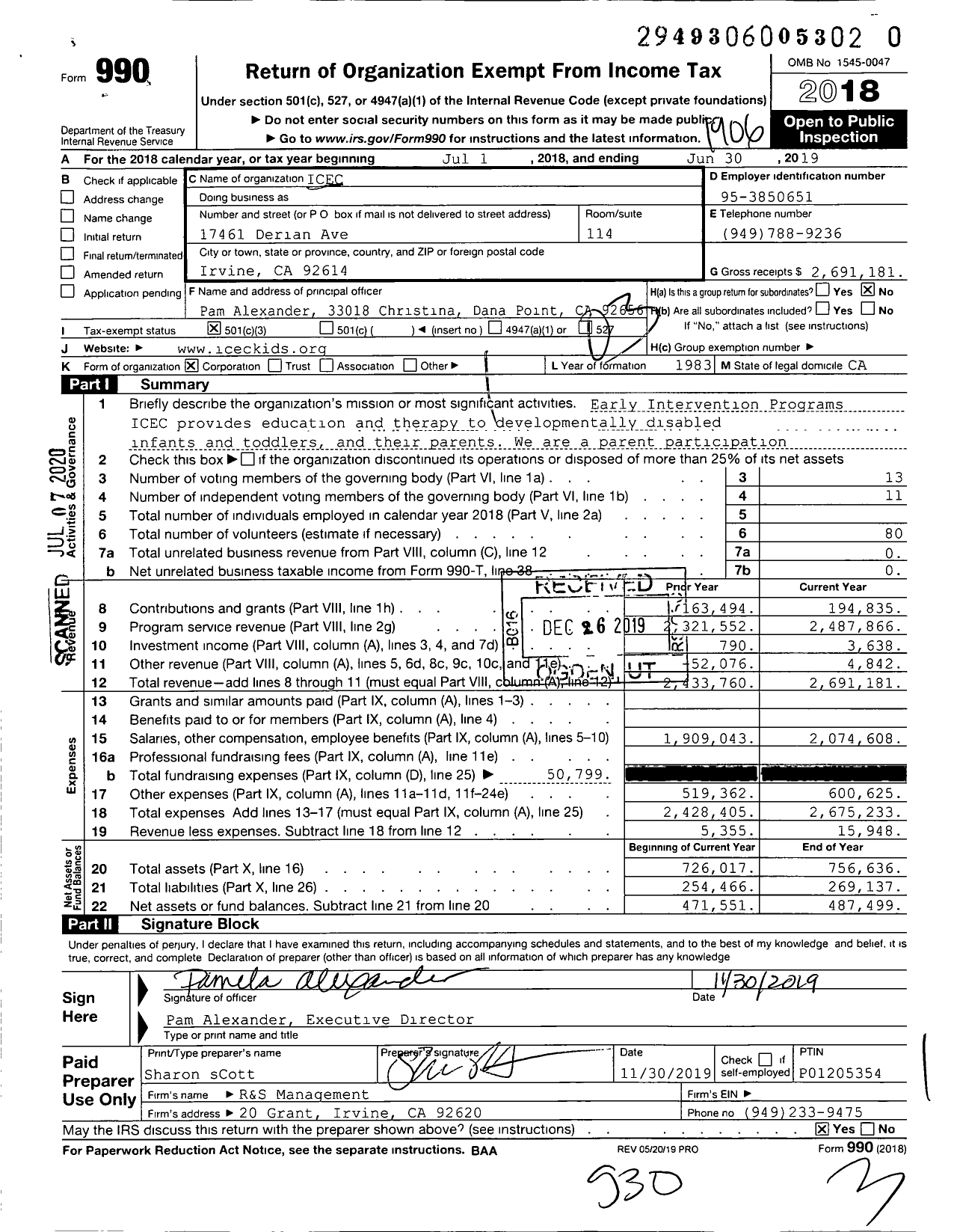 Image of first page of 2018 Form 990 for Intervention Center for Early Chldhod (ICEC)