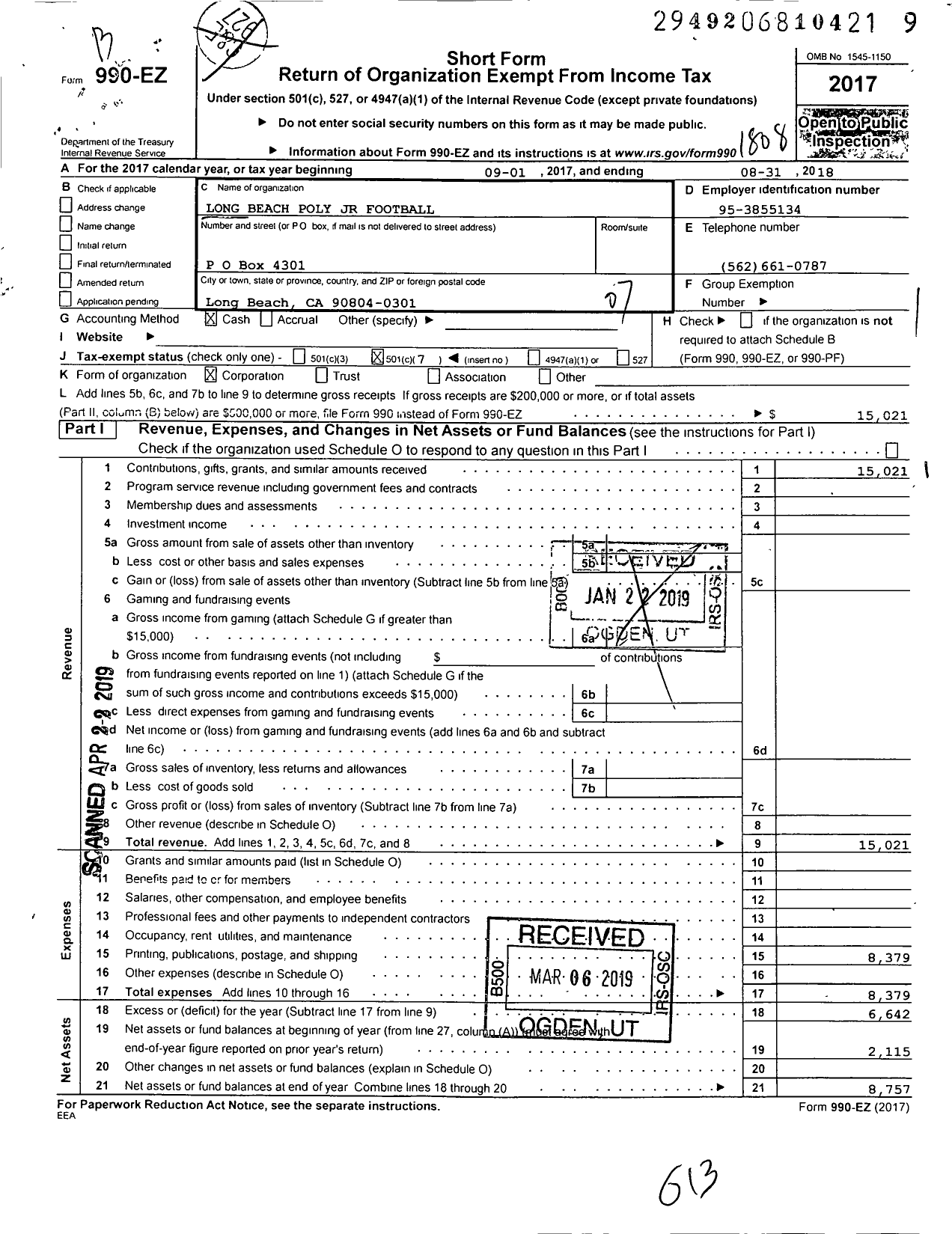 Image of first page of 2017 Form 990EO for Long Beach Poly Junior Football League