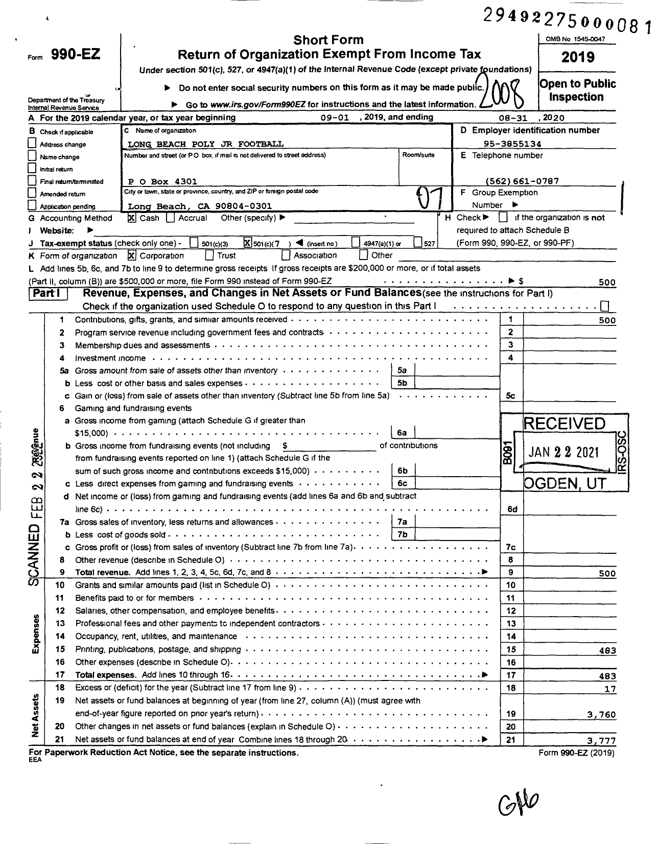 Image of first page of 2019 Form 990EO for Long Beach Poly Junior Football League