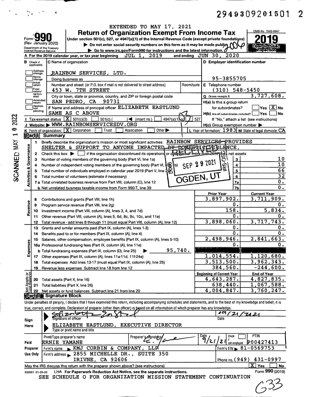 Image of first page of 2019 Form 990 for Rainbow Services