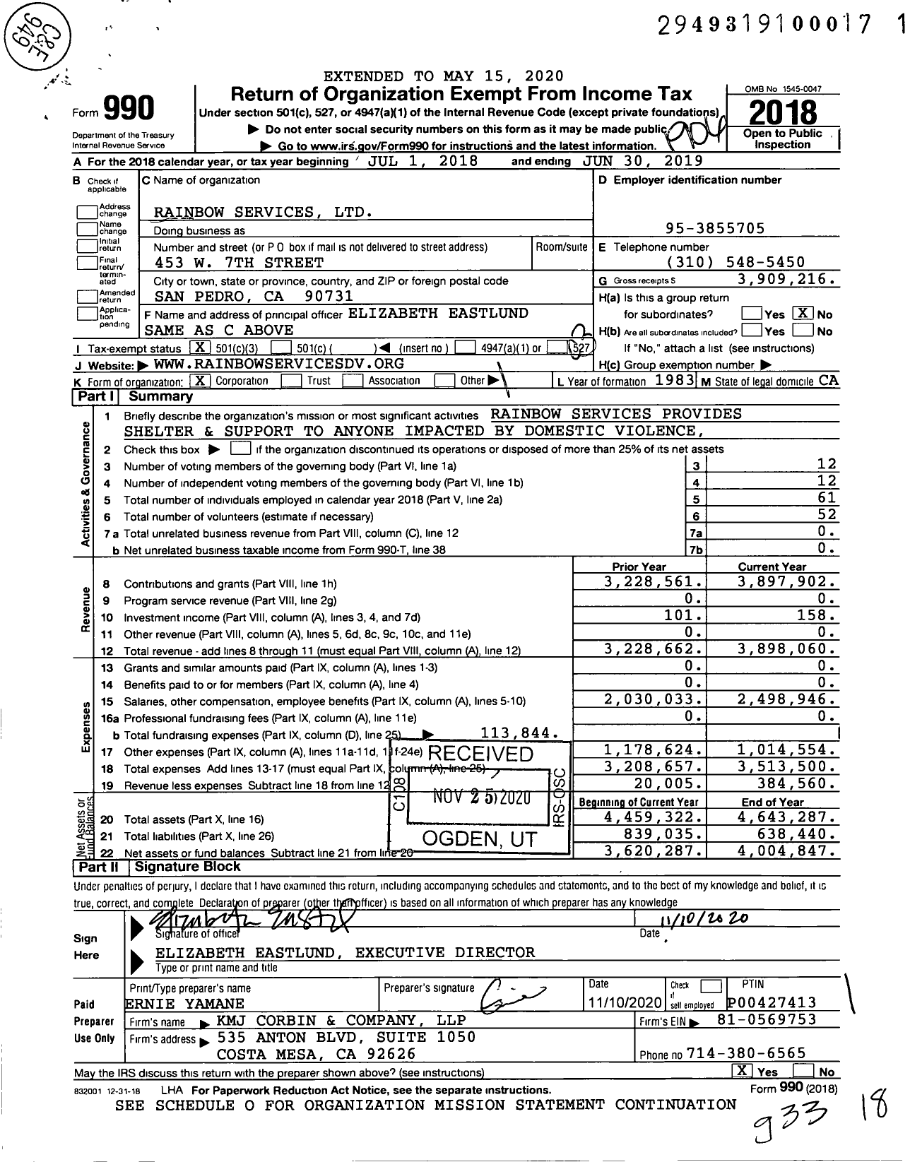 Image of first page of 2018 Form 990 for Rainbow Services