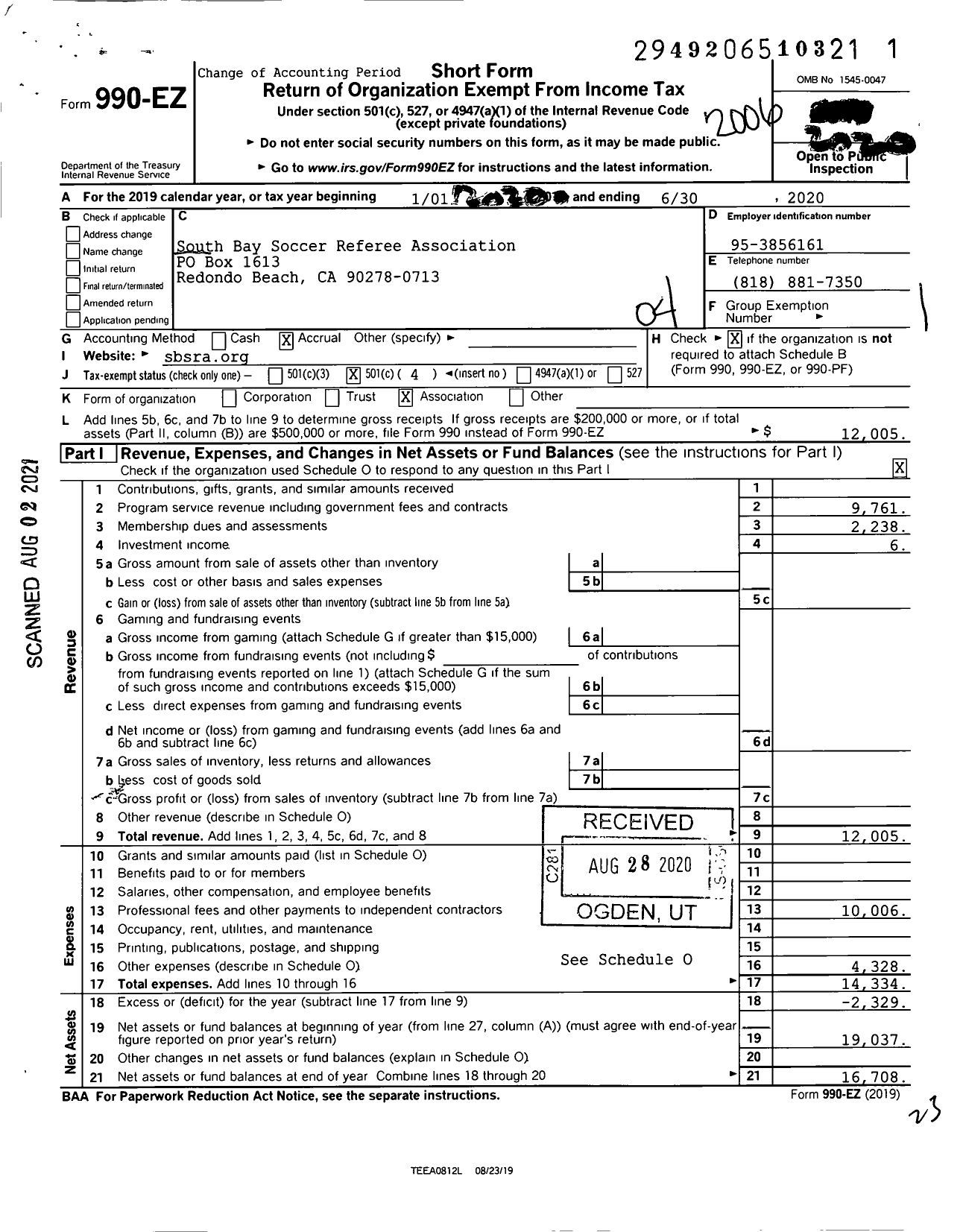 Image of first page of 2019 Form 990EO for South Bay Soccer Referee Association