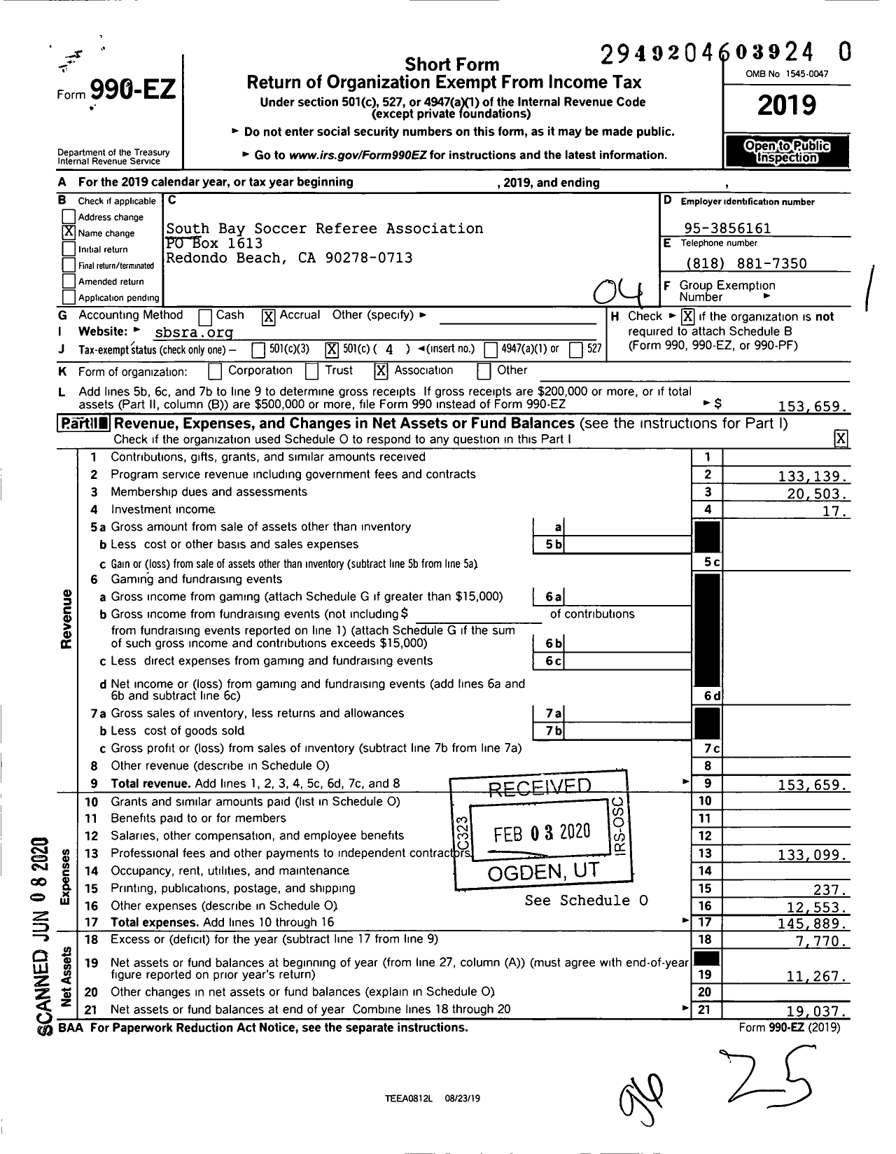 Image of first page of 2019 Form 990EO for South Bay Soccer Referee Association