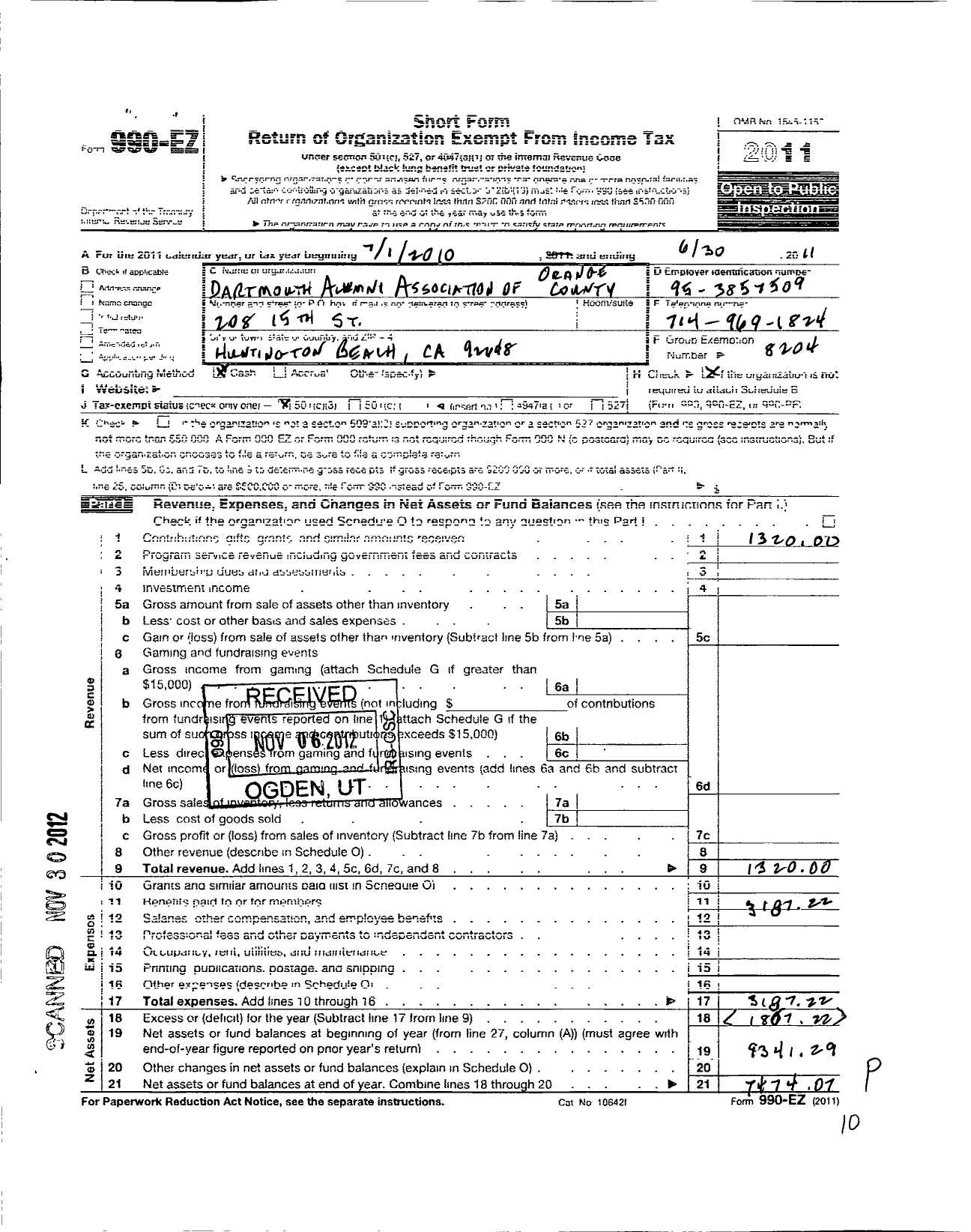 Image of first page of 2010 Form 990EZ for Dartmouth Alumni Association of Orange County