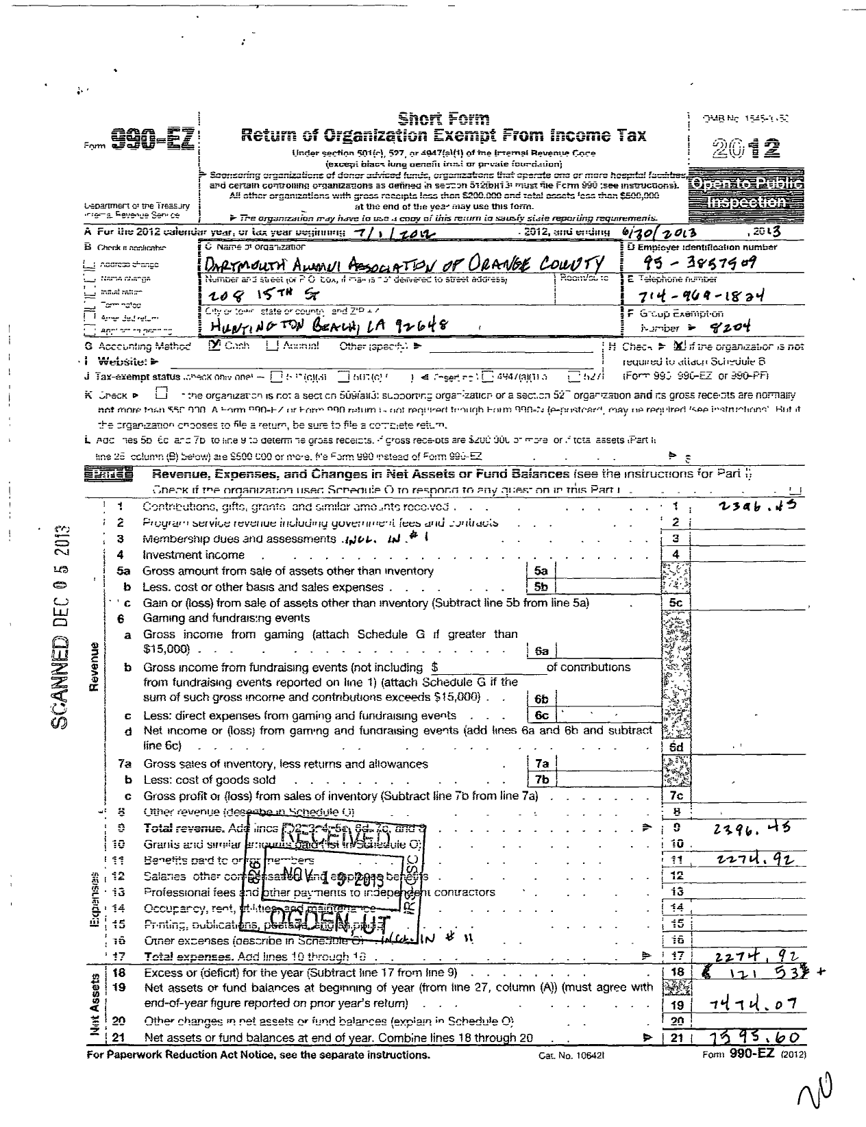 Image of first page of 2012 Form 990EO for Dartmouth Alumni Association of Orange County