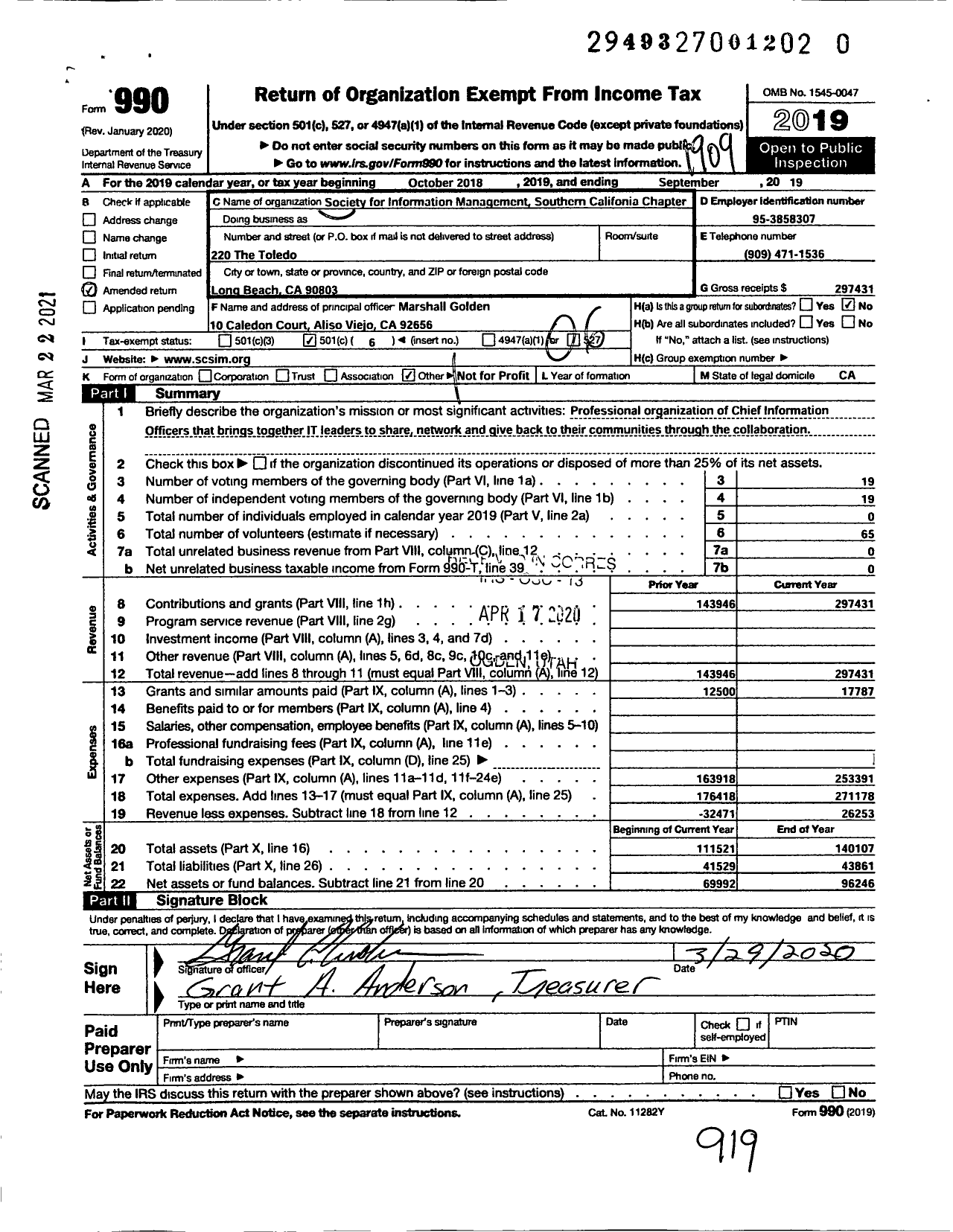 Image of first page of 2018 Form 990O for Society for Management Information Systems / Southern California Chapter