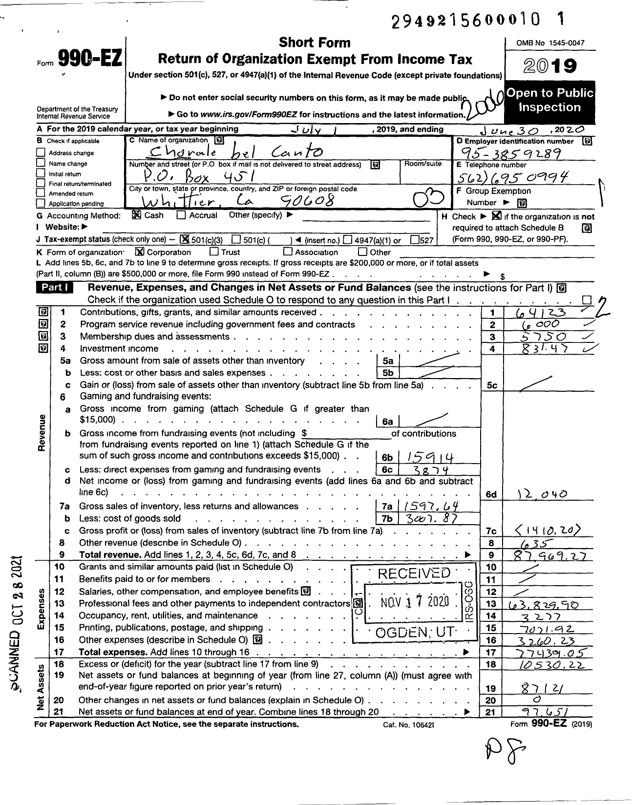 Image of first page of 2019 Form 990EZ for Chorale Bel Canto