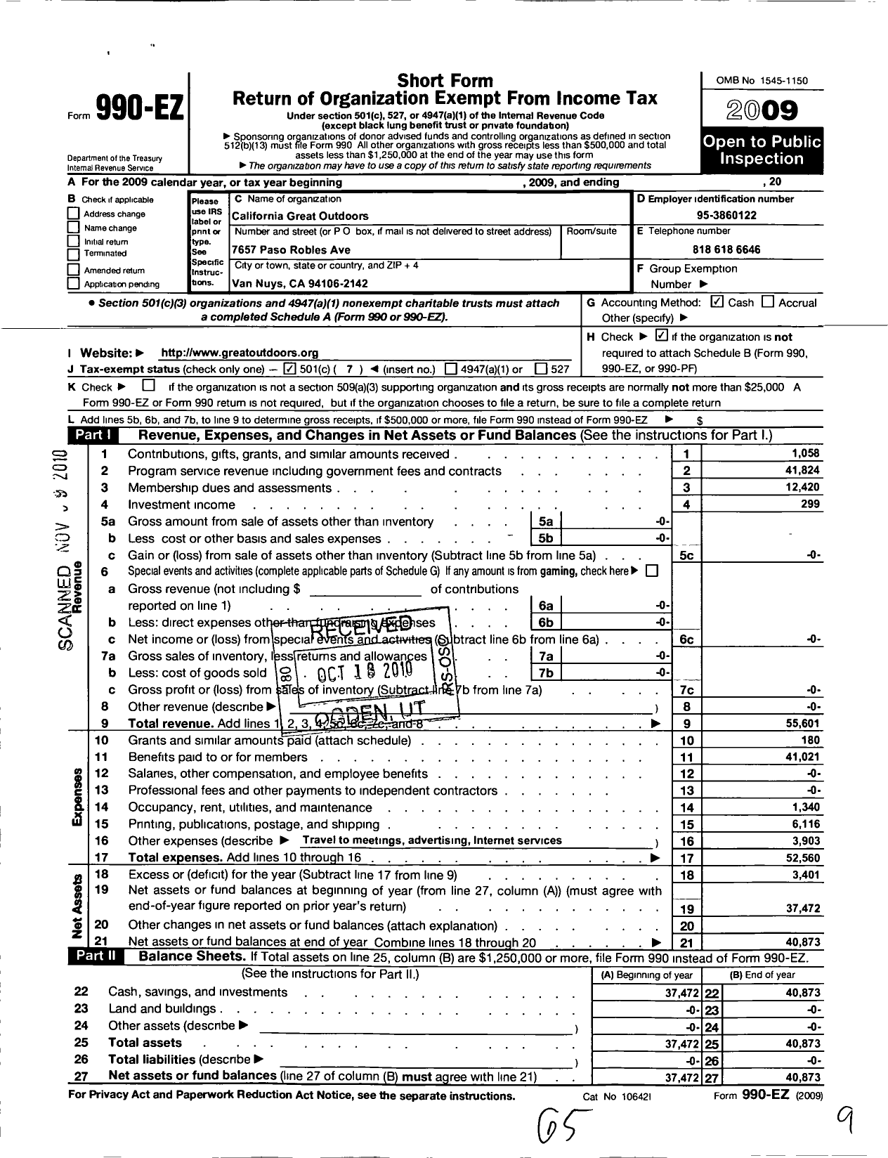 Image of first page of 2009 Form 990EO for California Great Outdoors