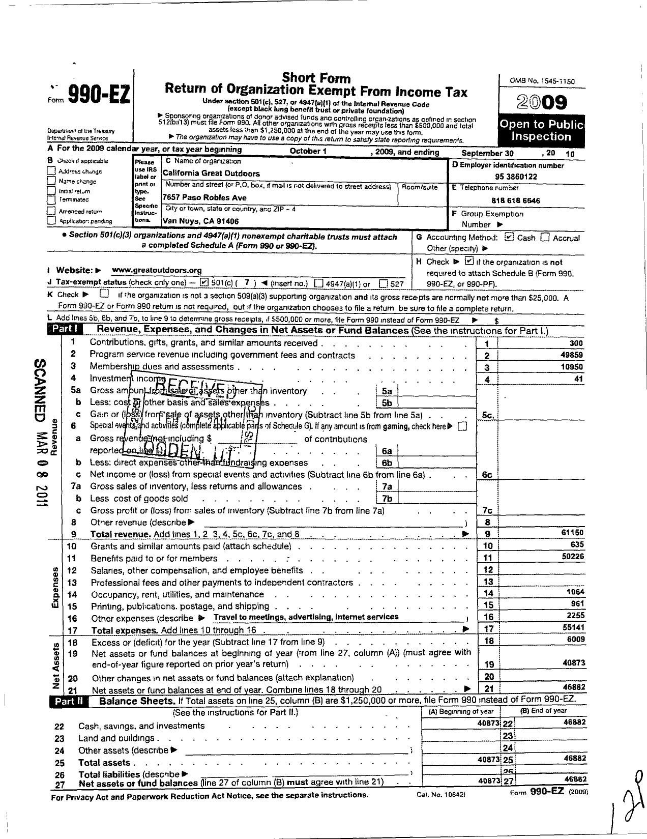 Image of first page of 2009 Form 990EO for California Great Outdoors