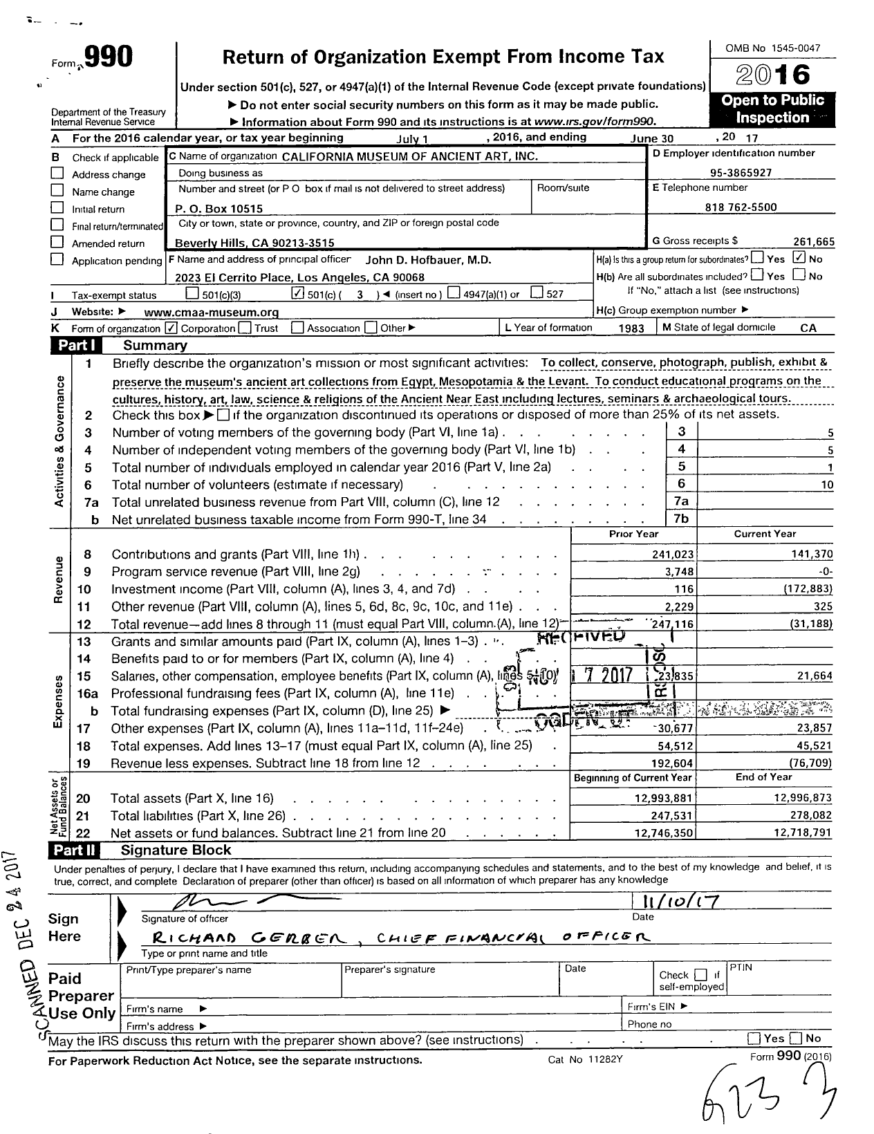 Image of first page of 2016 Form 990 for California Museum of Ancient Art