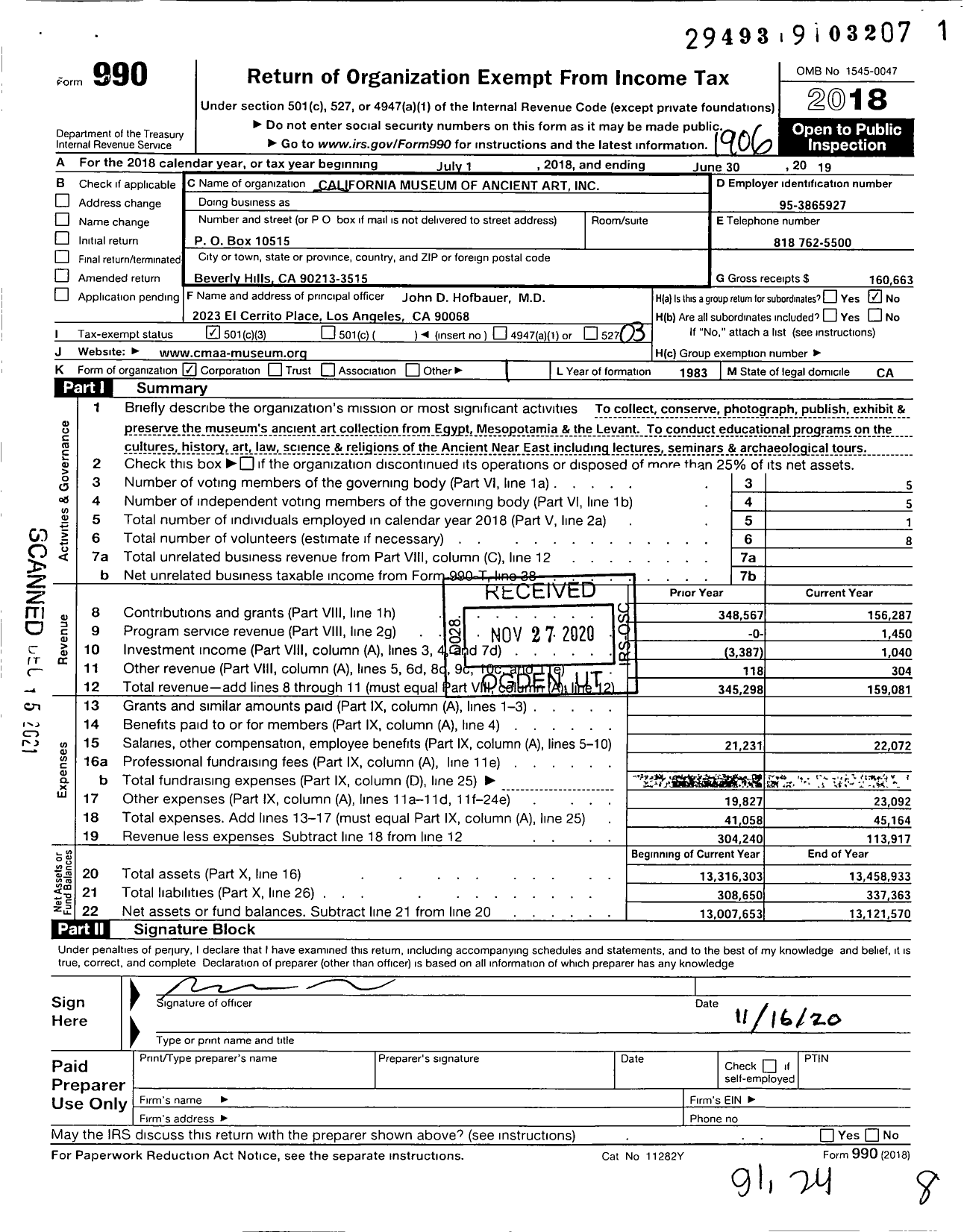 Image of first page of 2018 Form 990 for California Museum of Ancient Art