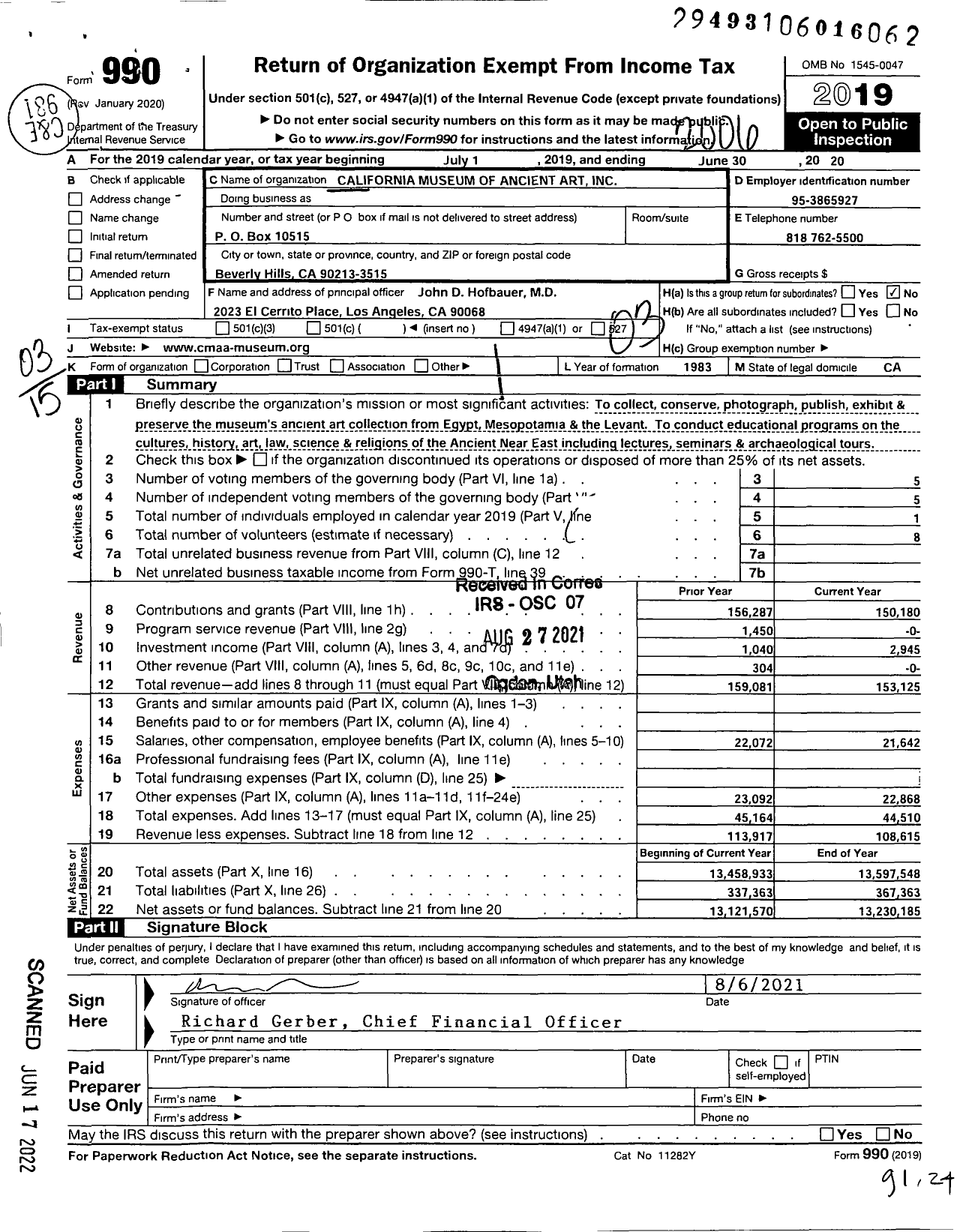 Image of first page of 2019 Form 990 for California Museum of Ancient Art