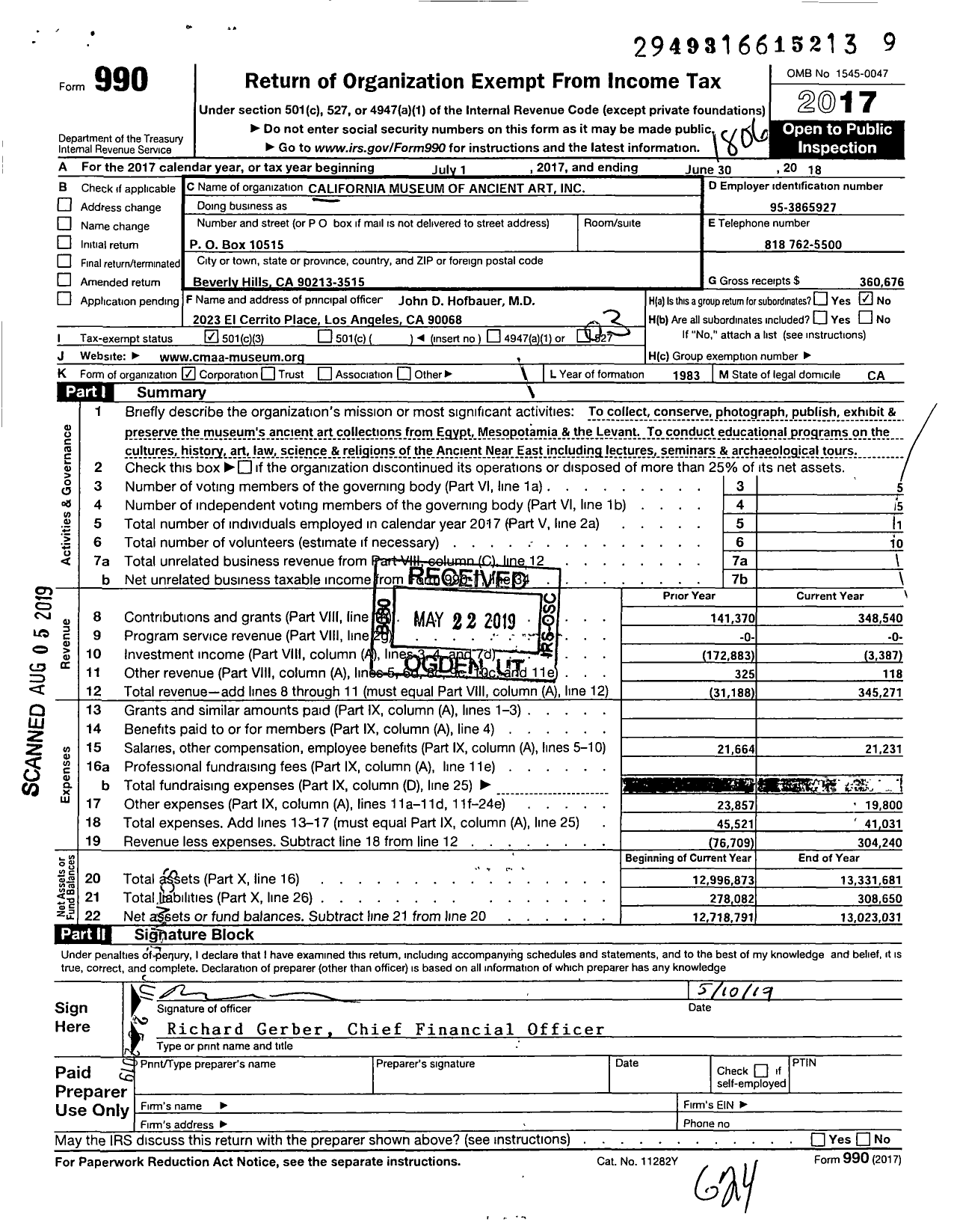 Image of first page of 2017 Form 990 for California Museum of Ancient Art