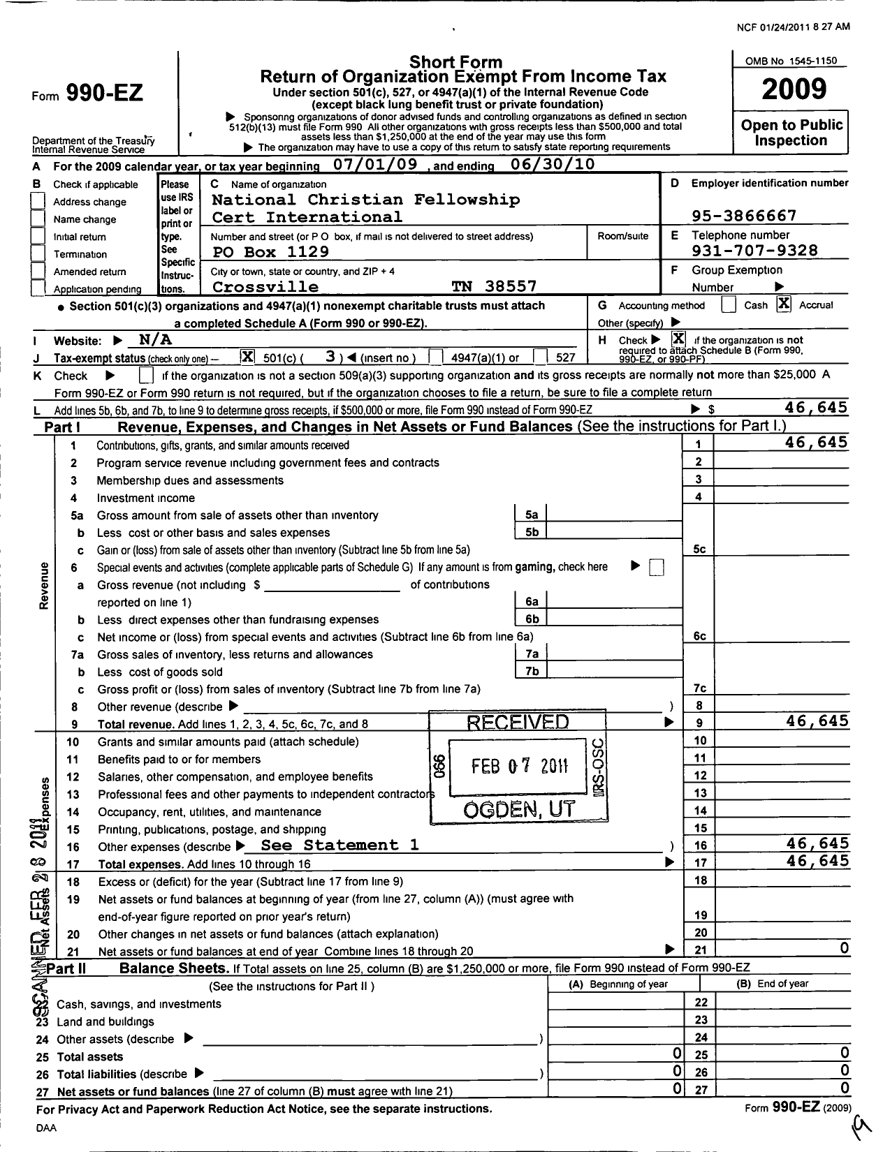 Image of first page of 2009 Form 990EZ for National Christian Fellowship