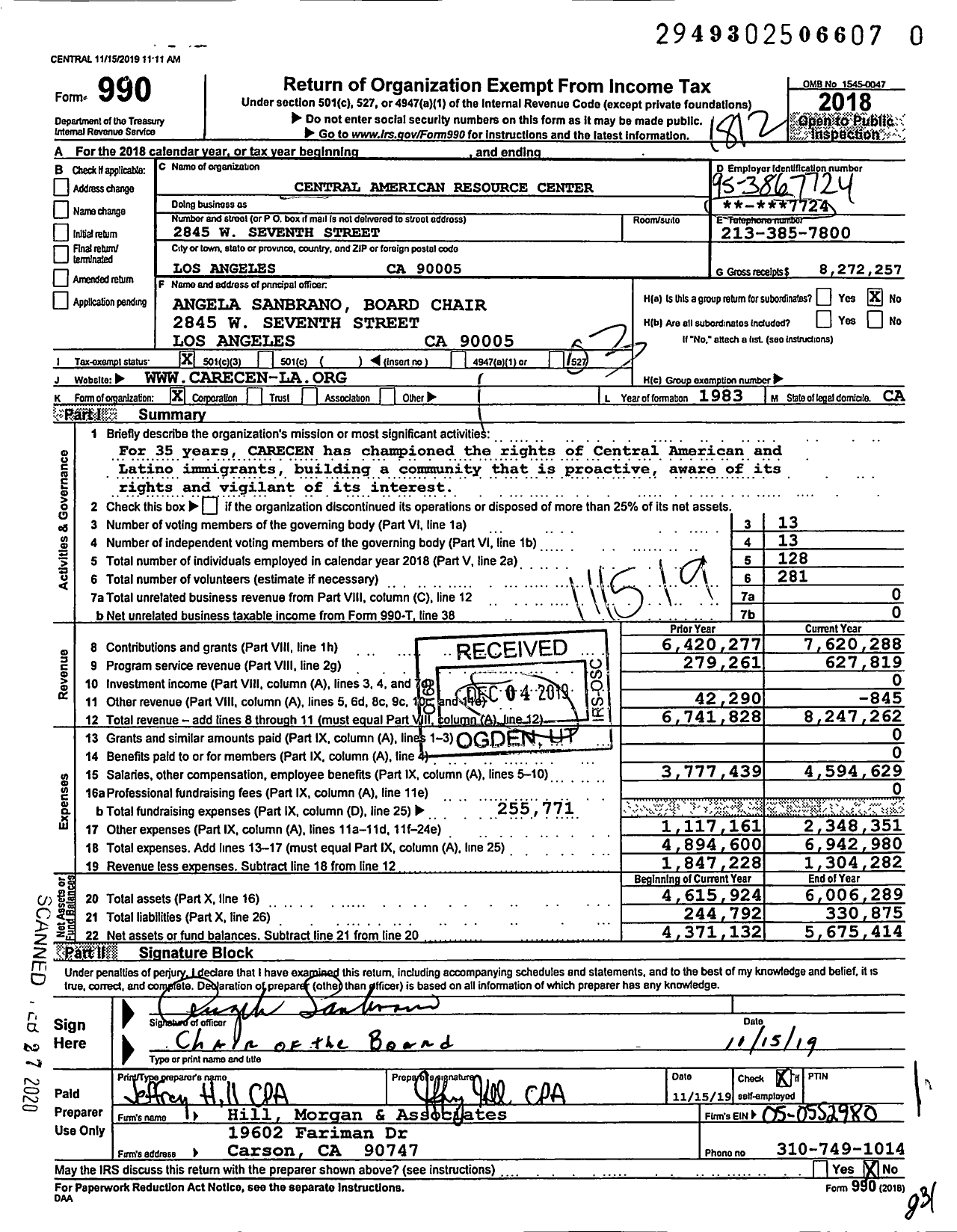 Image of first page of 2018 Form 990 for Central American Resource Center - CARECEN - of California