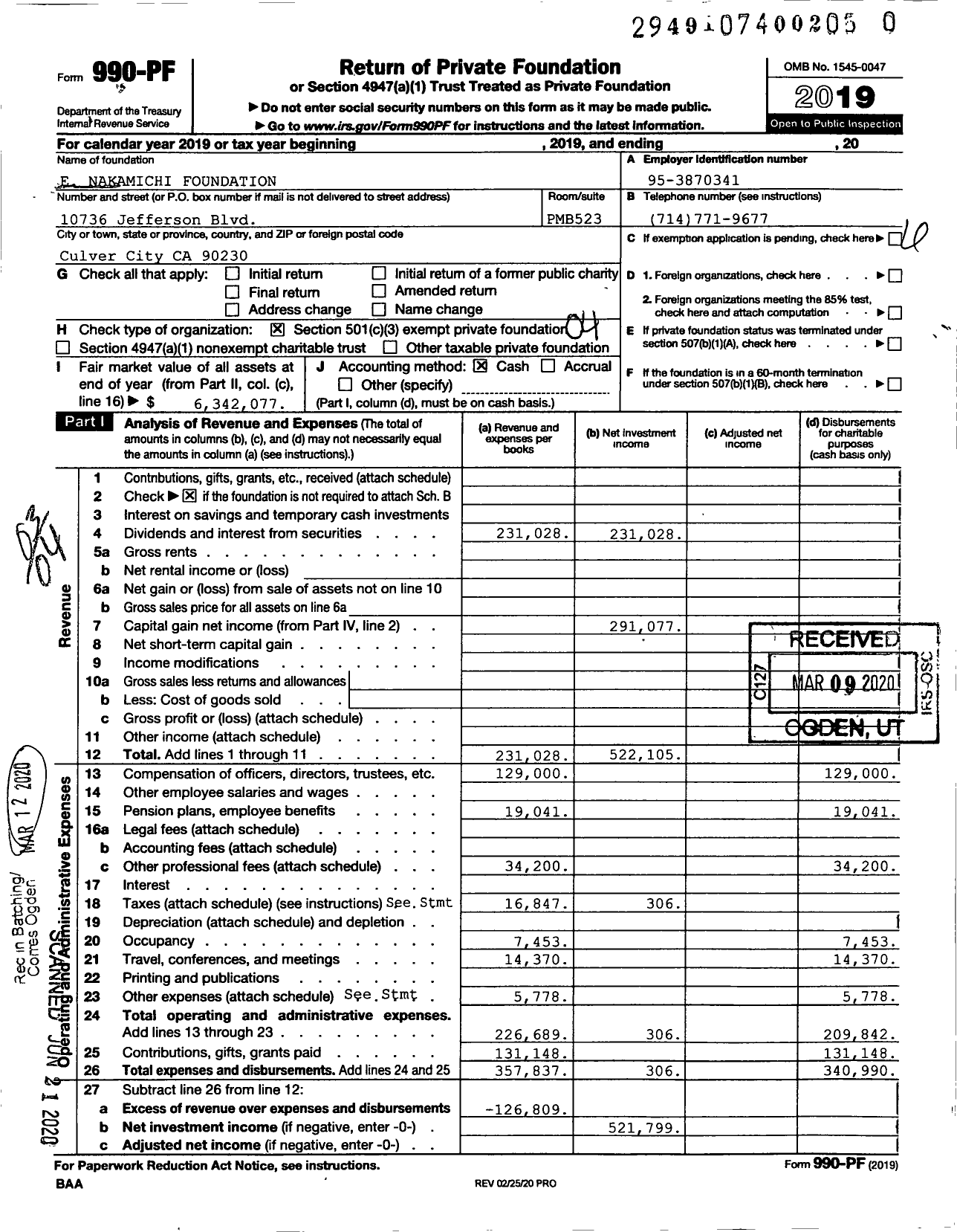 Image of first page of 2019 Form 990PR for E Nakamichi Foundation