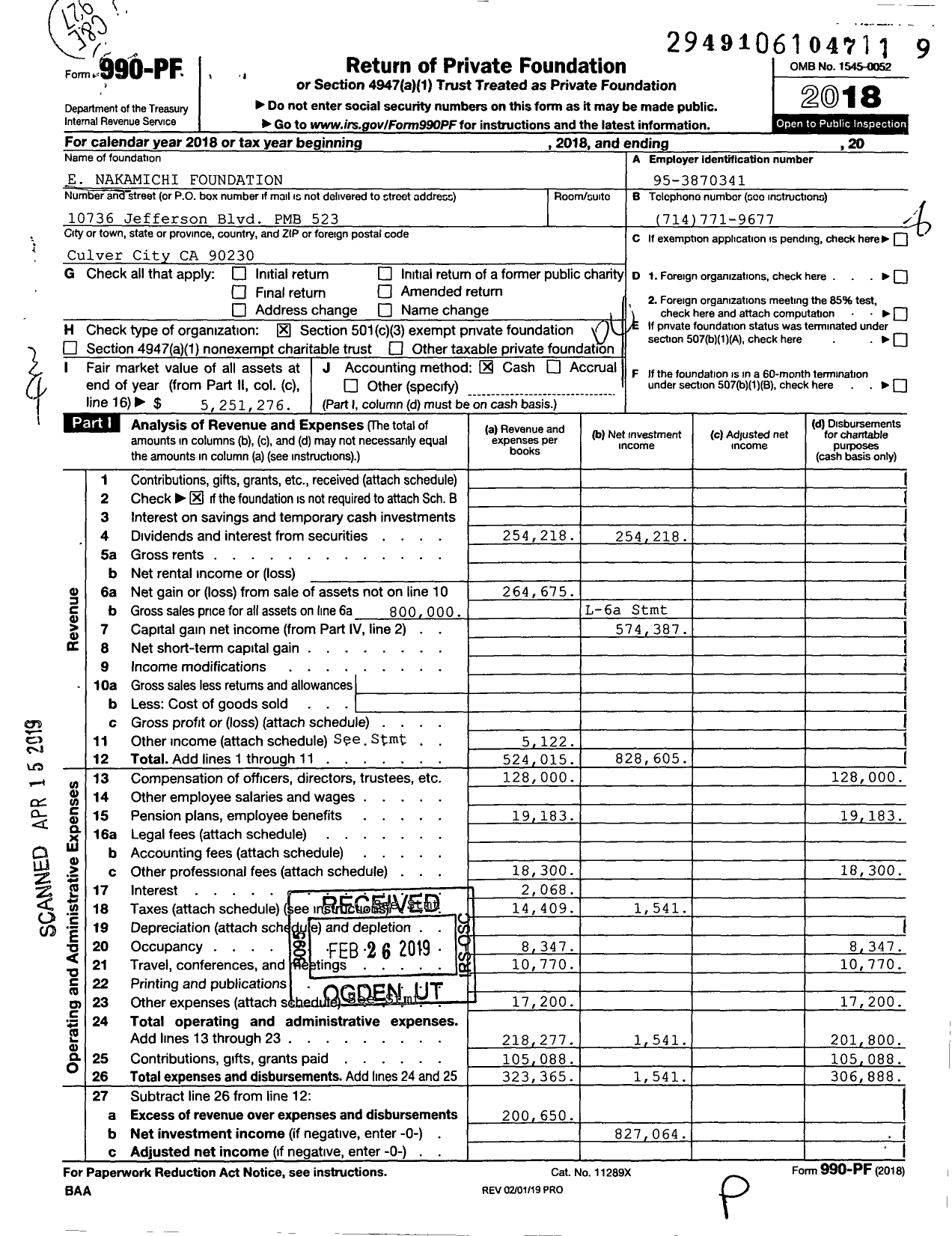 Image of first page of 2018 Form 990PF for E Nakamichi Foundation