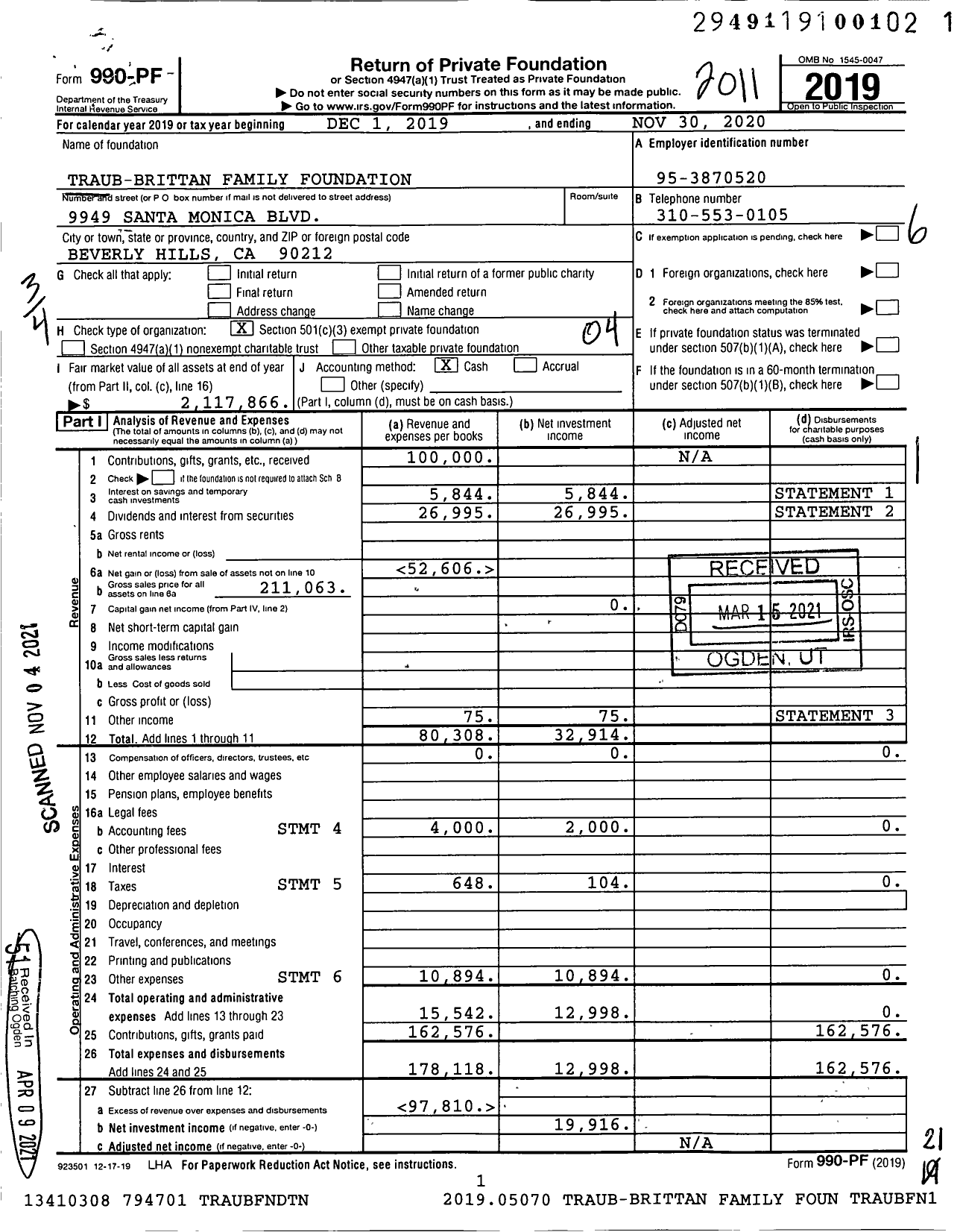 Image of first page of 2019 Form 990PF for Traub-Brittan Family Foundation