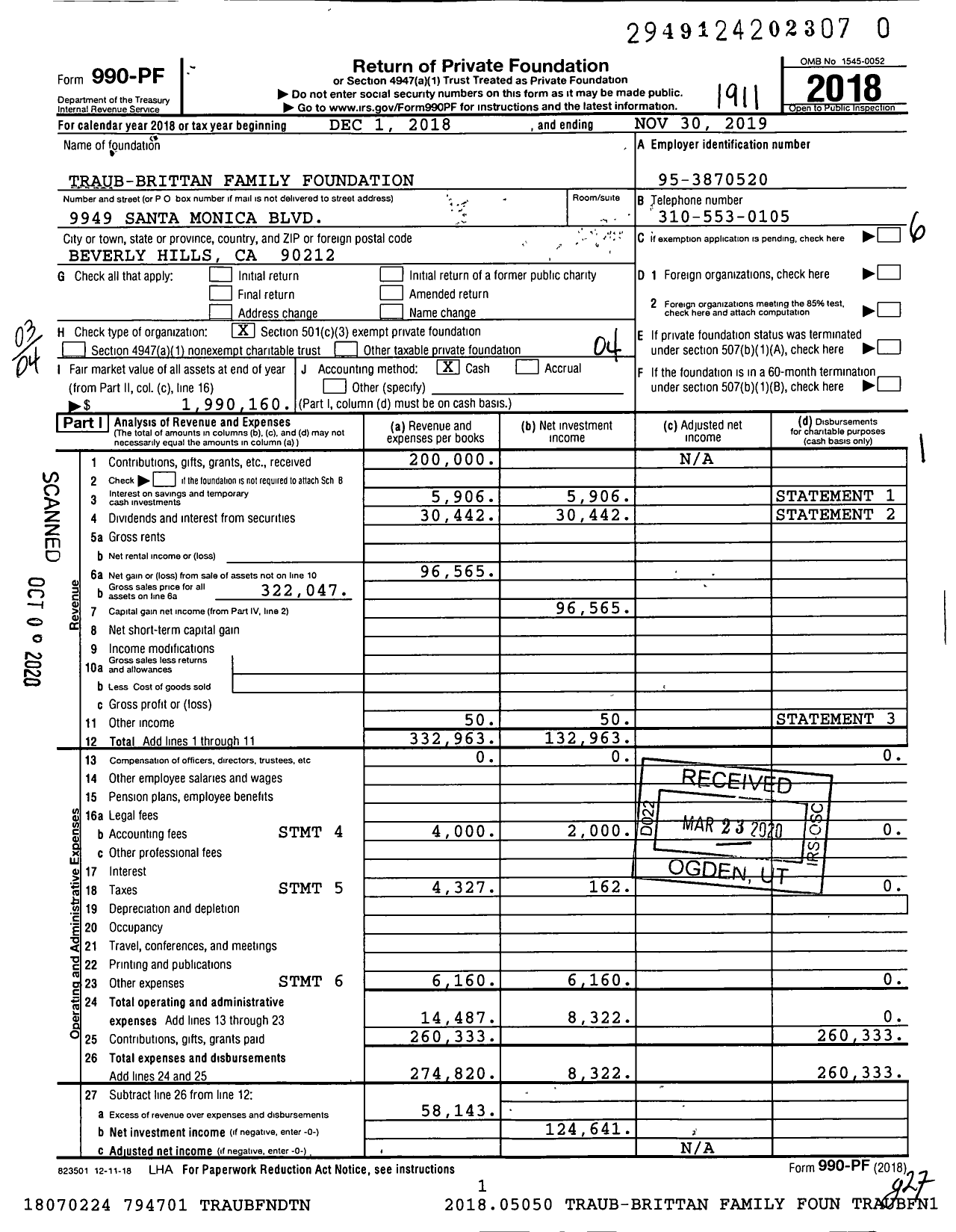 Image of first page of 2018 Form 990PR for Traub-Brittan Family Foundation