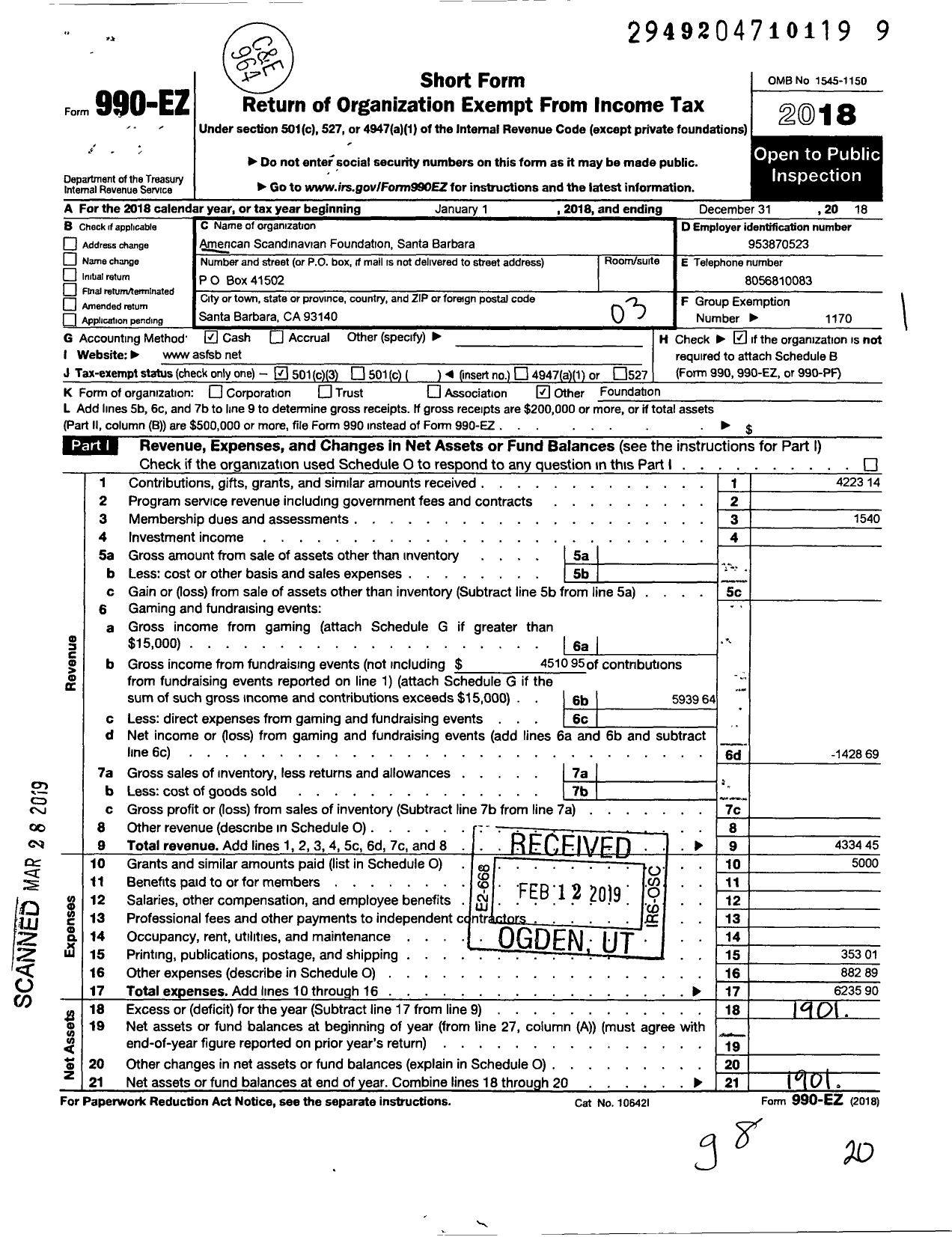 Image of first page of 2018 Form 990EZ for American Scandinavian Foundation Santa Barbara