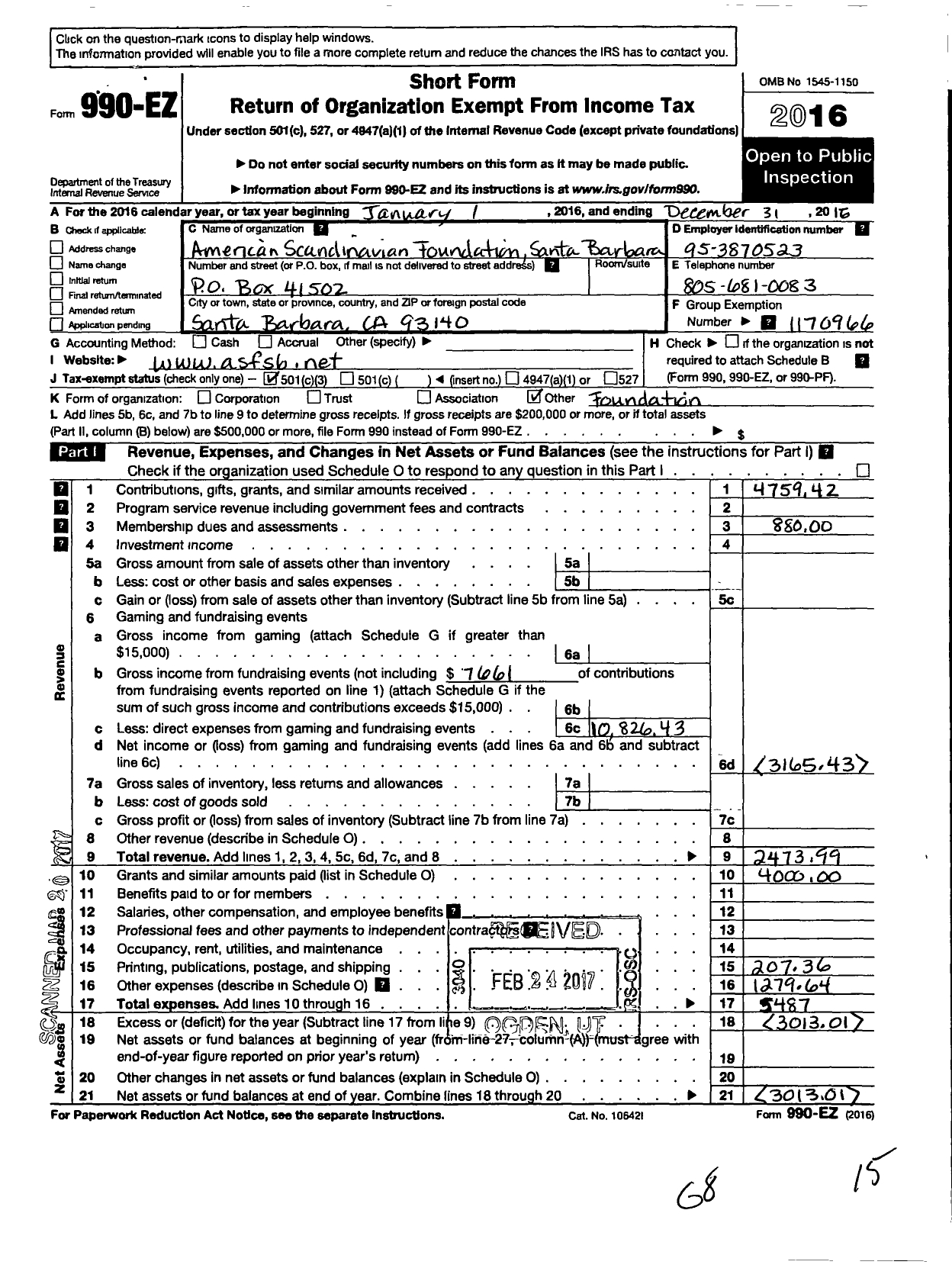 Image of first page of 2016 Form 990EZ for American Scandinavian Foundation Santa Barbara