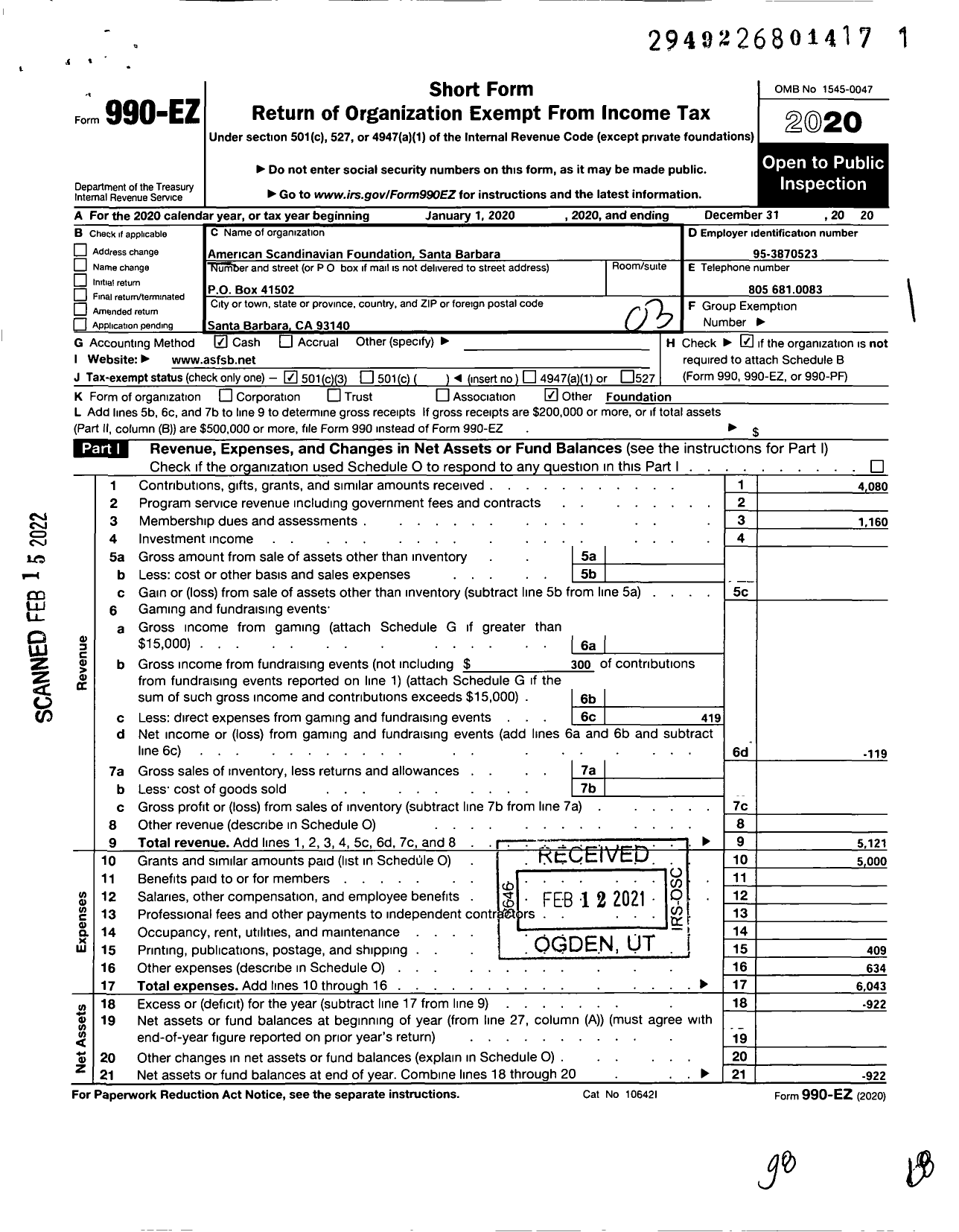 Image of first page of 2020 Form 990EZ for American Scandinavian Foundation Santa Barbara