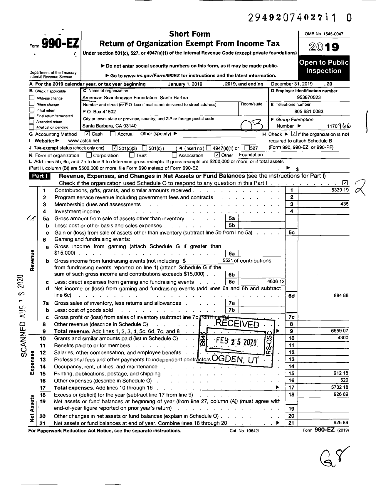 Image of first page of 2019 Form 990EZ for American Scandinavian Foundation Santa Barbara