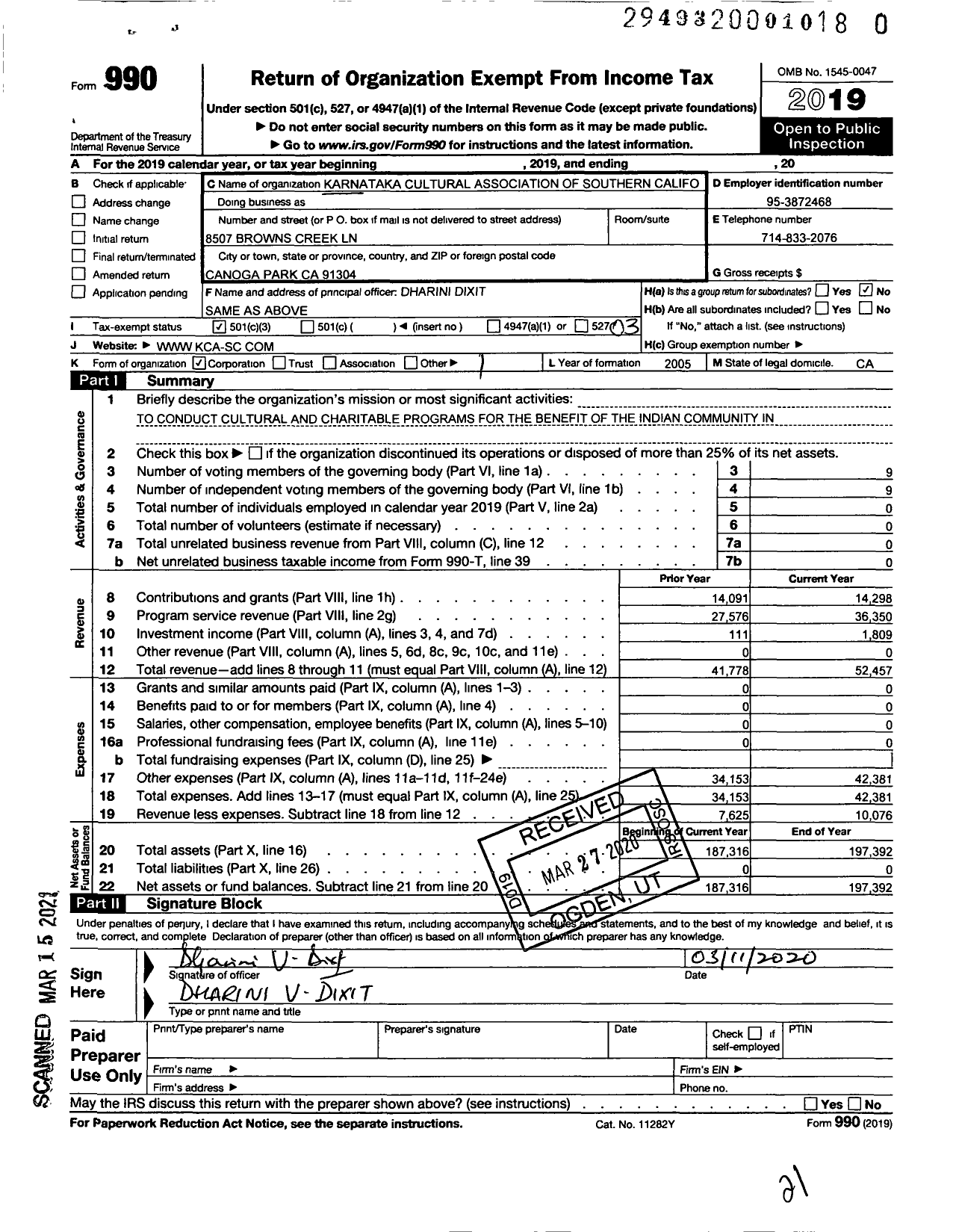 Image of first page of 2019 Form 990 for Karnataka Cultural Association of Southern California