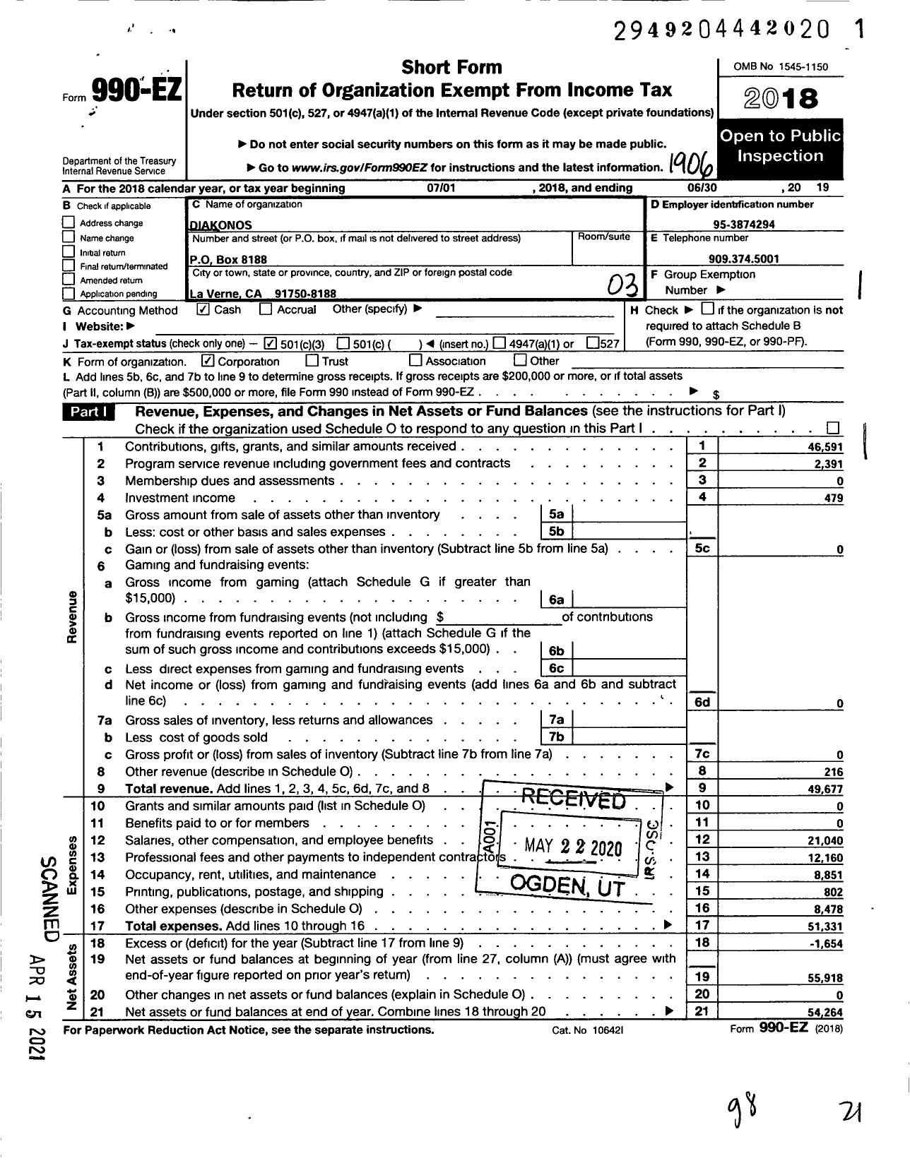 Image of first page of 2018 Form 990EZ for Diakonos