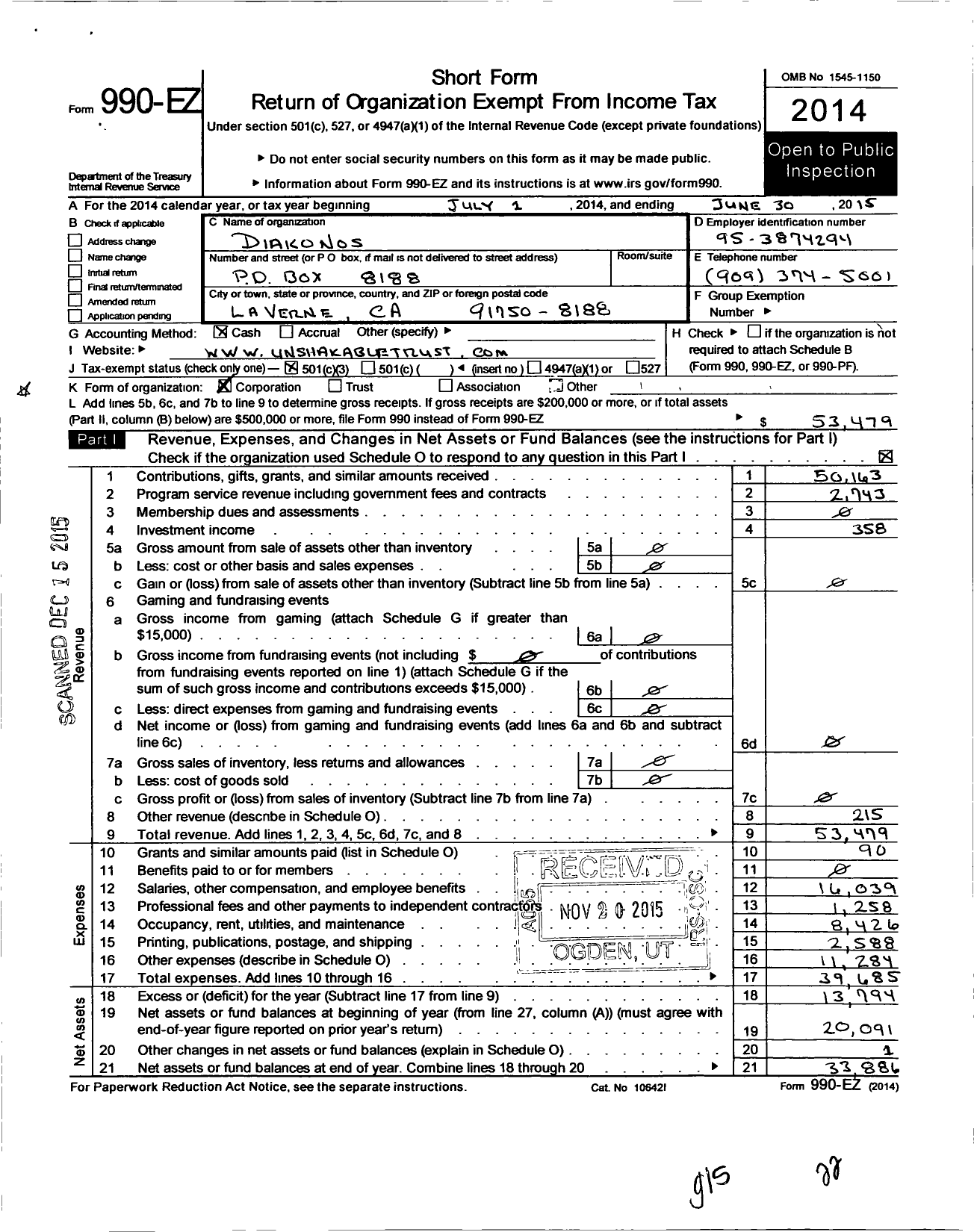 Image of first page of 2014 Form 990EZ for Diakonos