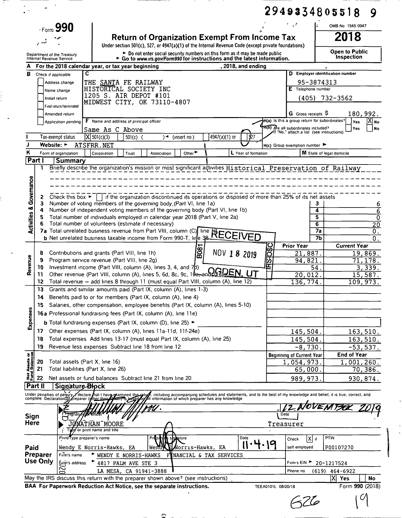 Image of first page of 2018 Form 990 for The Santa Fe Railway Historical Society