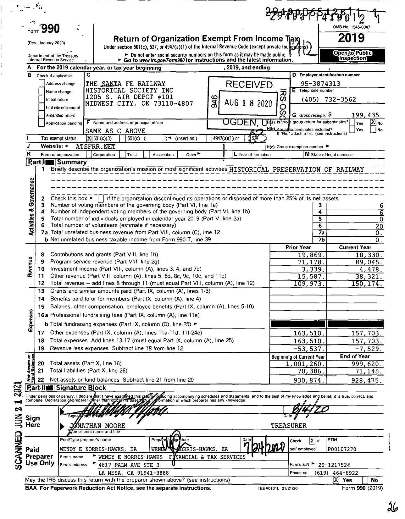 Image of first page of 2019 Form 990 for The Santa Fe Railway Historical Society