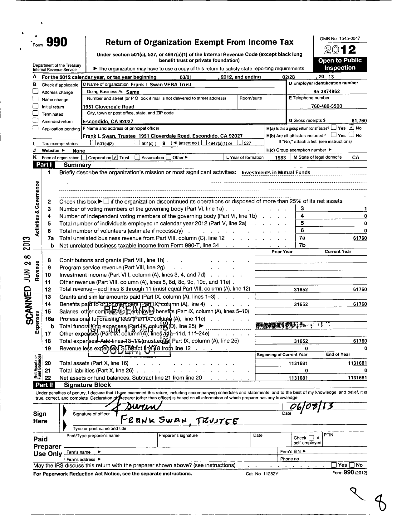 Image of first page of 2012 Form 990O for Frank L Swan