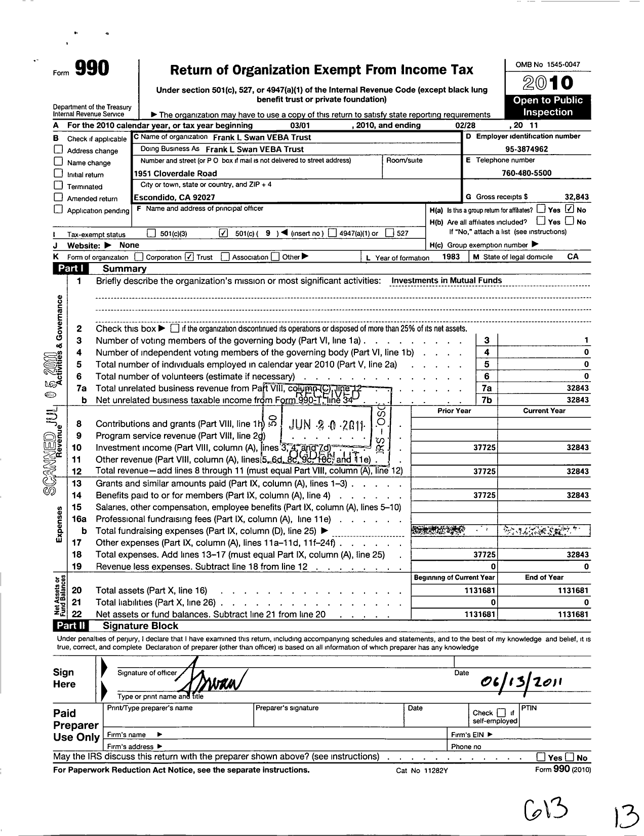 Image of first page of 2010 Form 990O for Frank L Swan