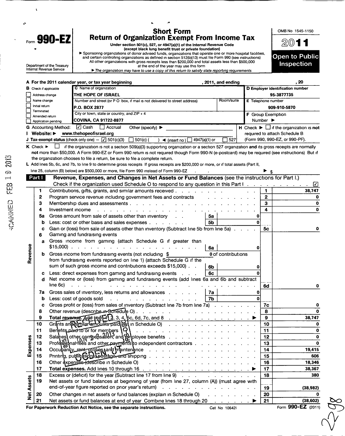 Image of first page of 2011 Form 990EZ for The Hope of Israel