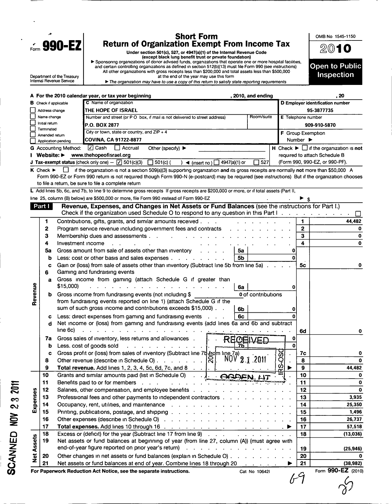 Image of first page of 2010 Form 990EZ for The Hope of Israel