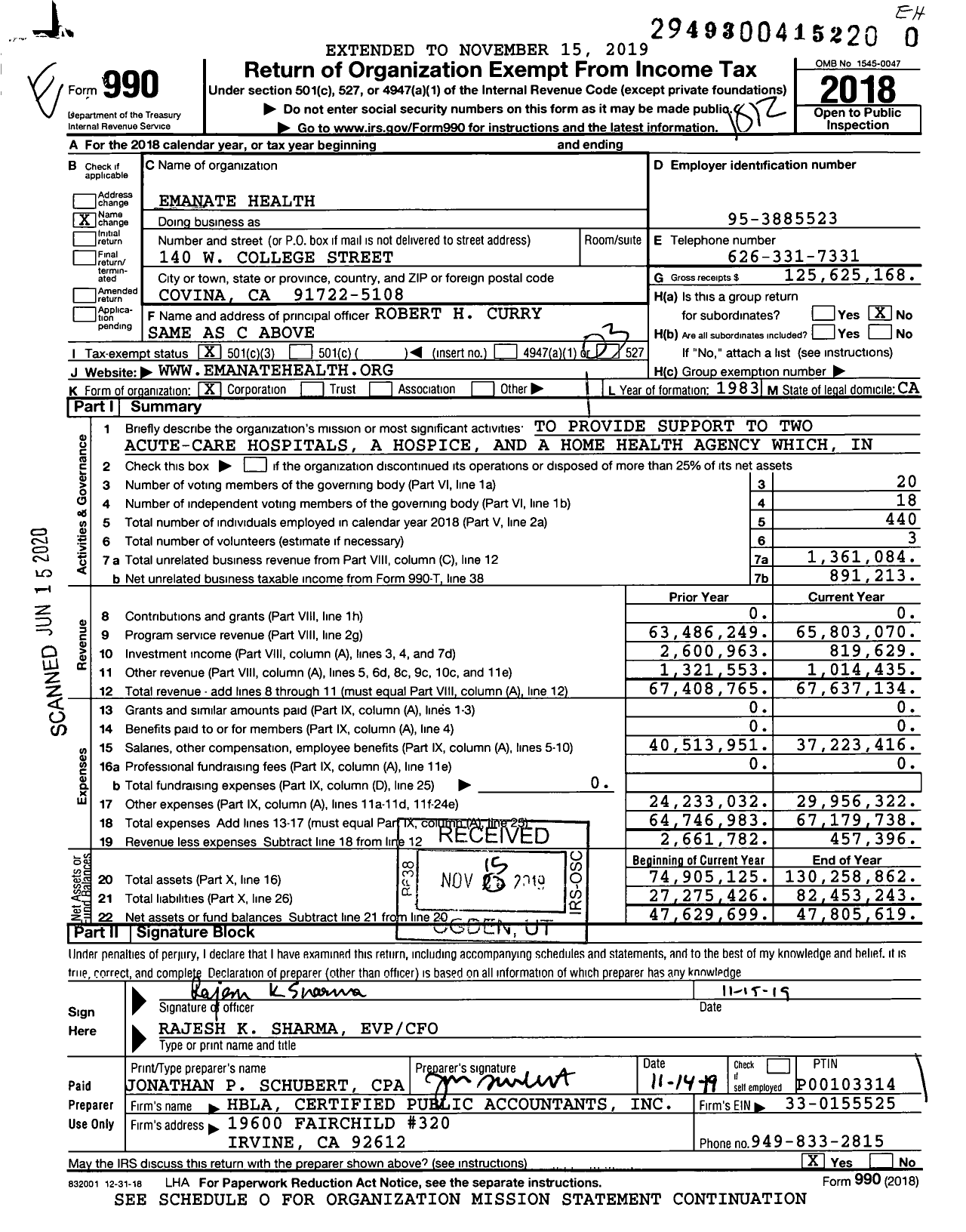 Image of first page of 2018 Form 990 for Emanate Health (CVHP)