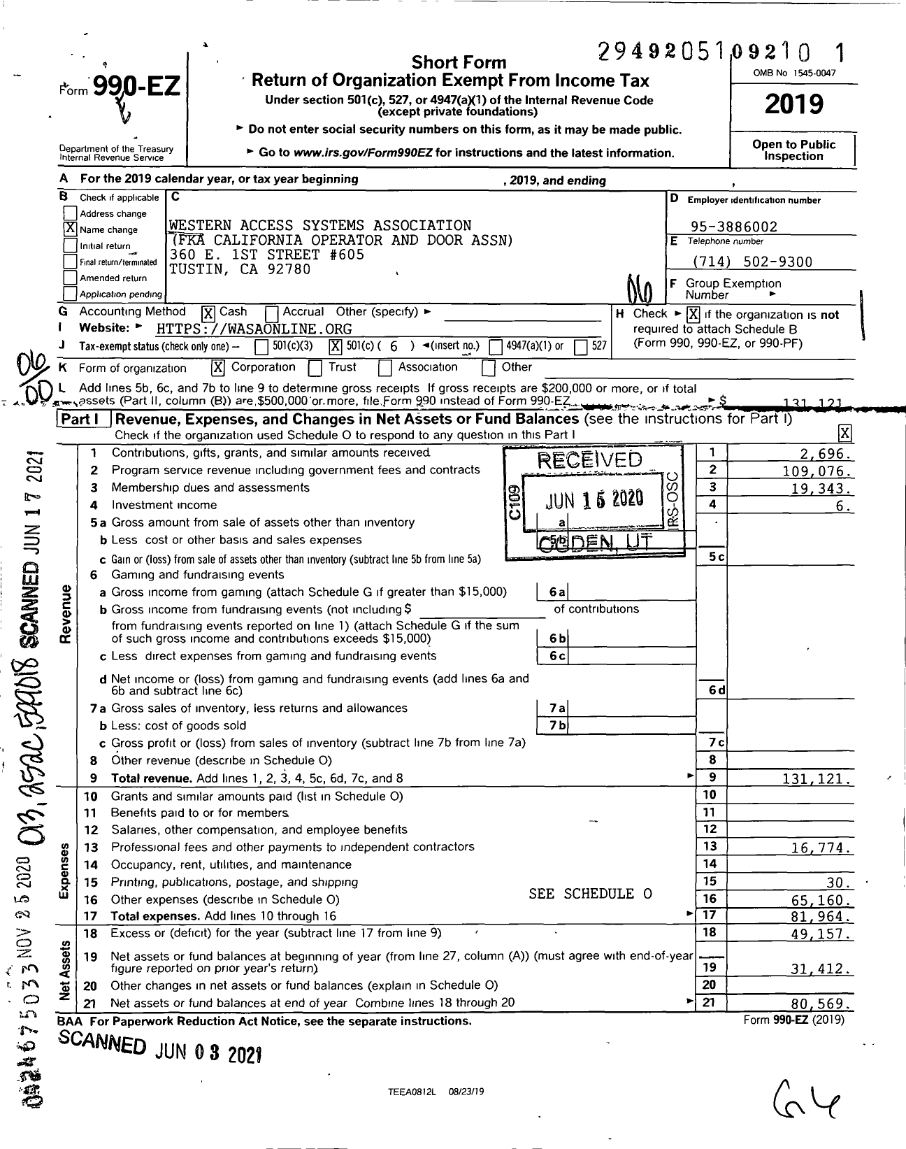 Image of first page of 2019 Form 990EO for Western Access Systems Association