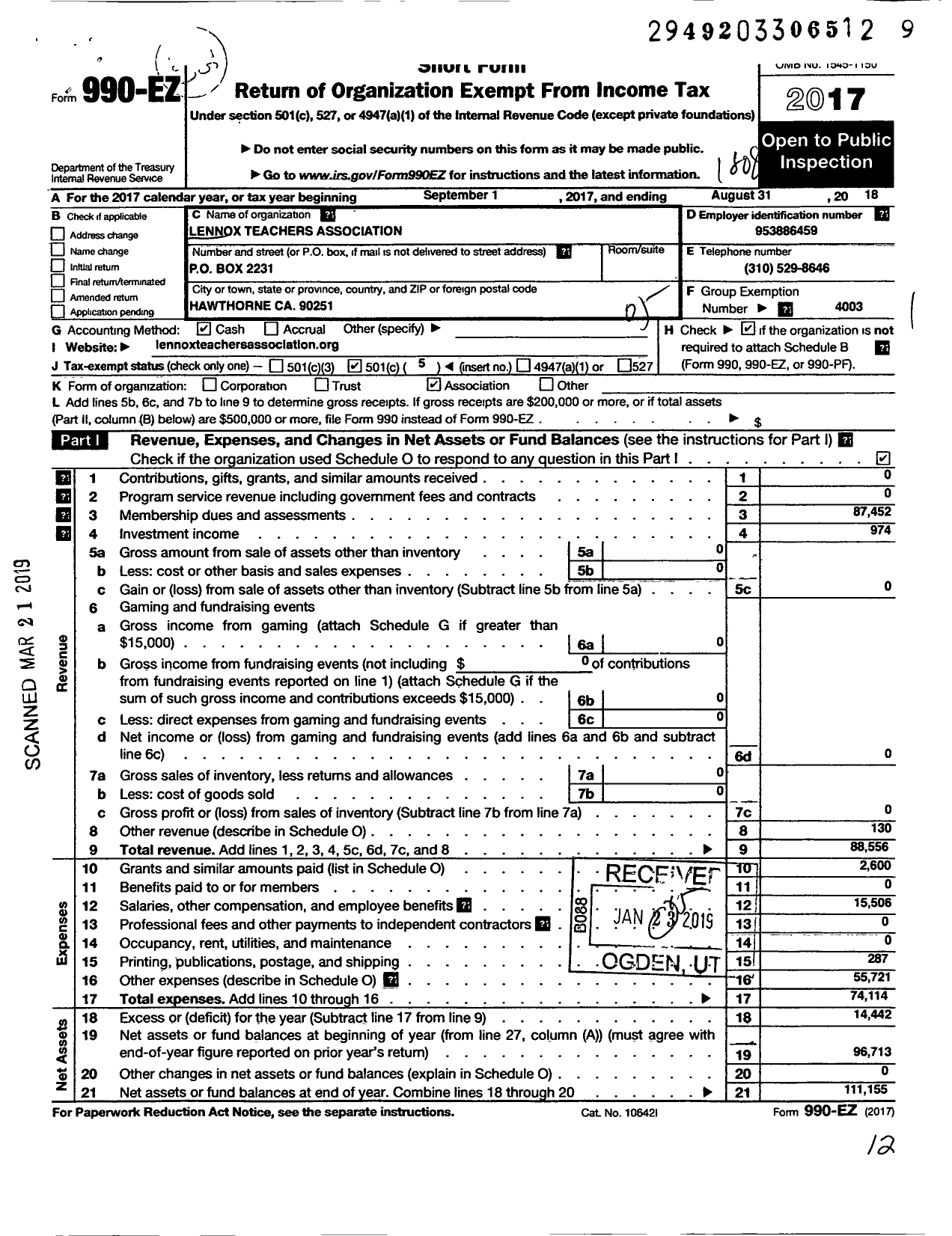 Image of first page of 2017 Form 990EO for California Teachers Association - Lennox Teachers Association