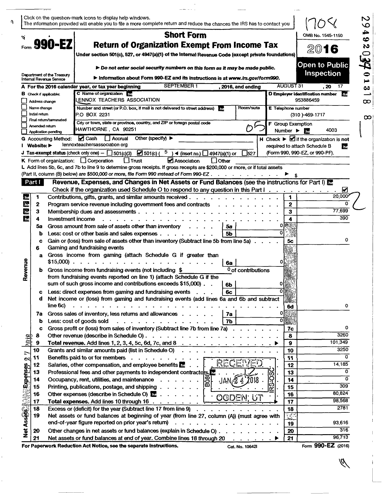 Image of first page of 2016 Form 990EO for California Teachers Association - Lennox Teachers Association