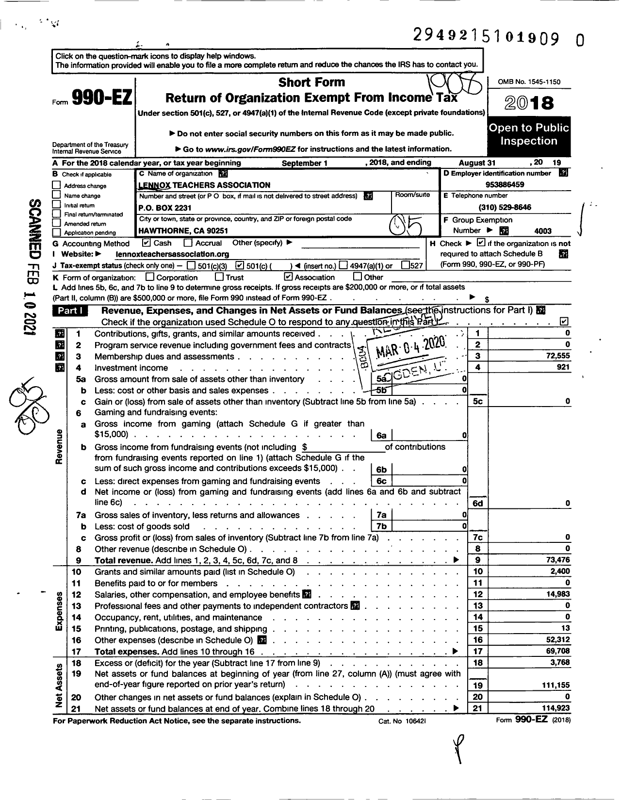 Image of first page of 2018 Form 990EO for California Teachers Association - Lennox Teachers Association