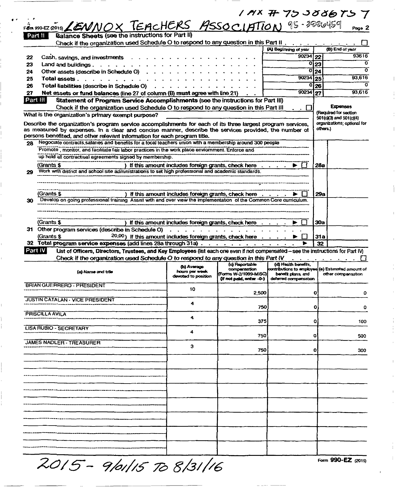 Image of first page of 2015 Form 990ER for California Teachers Association - Lennox Teachers Association