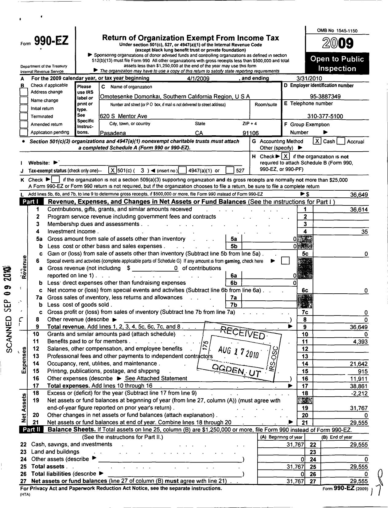 Image of first page of 2009 Form 990EZ for Omotesenke Domonkai Southern California Region U S A