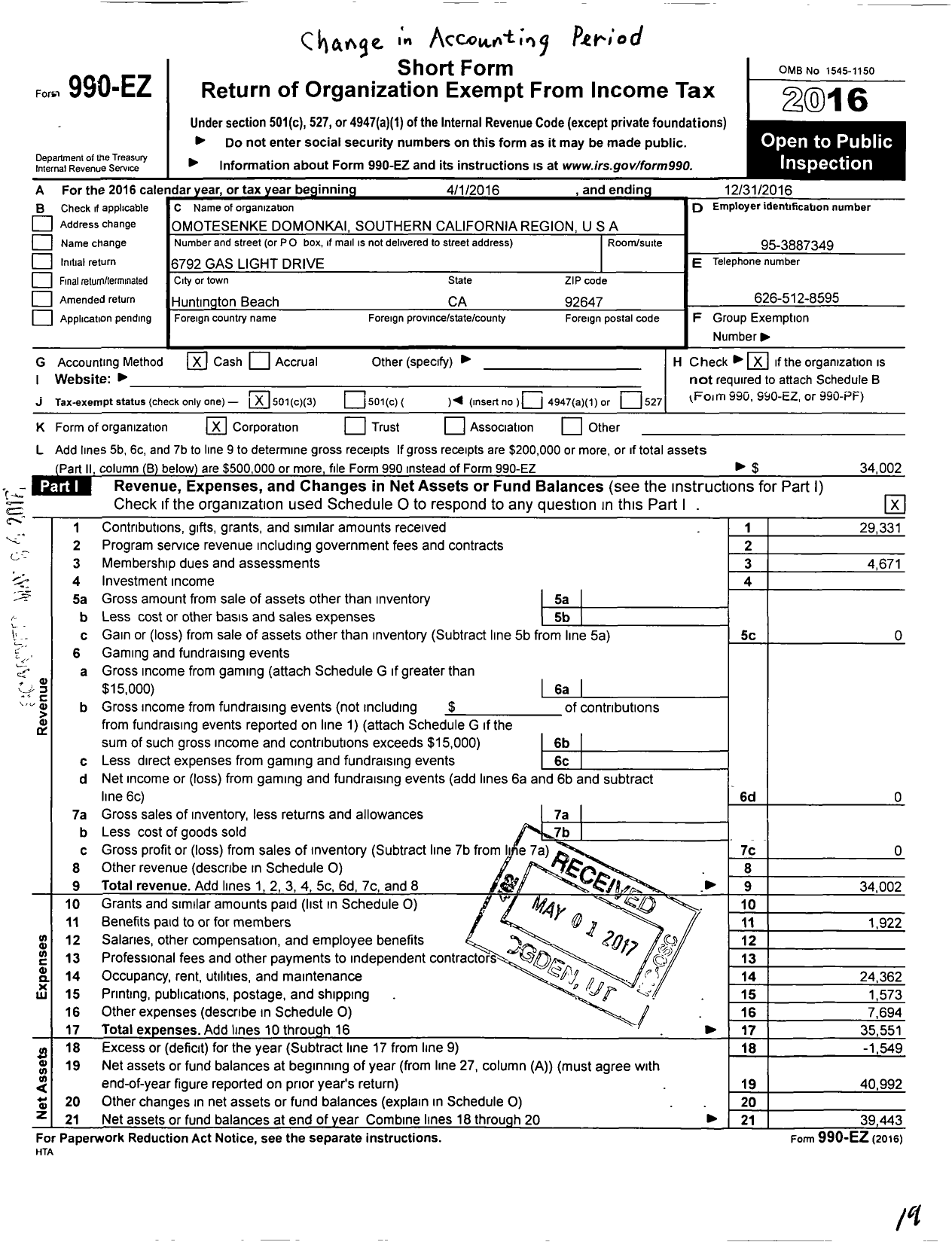 Image of first page of 2016 Form 990EZ for Omotesenke Domonkai Southern California Region U S A