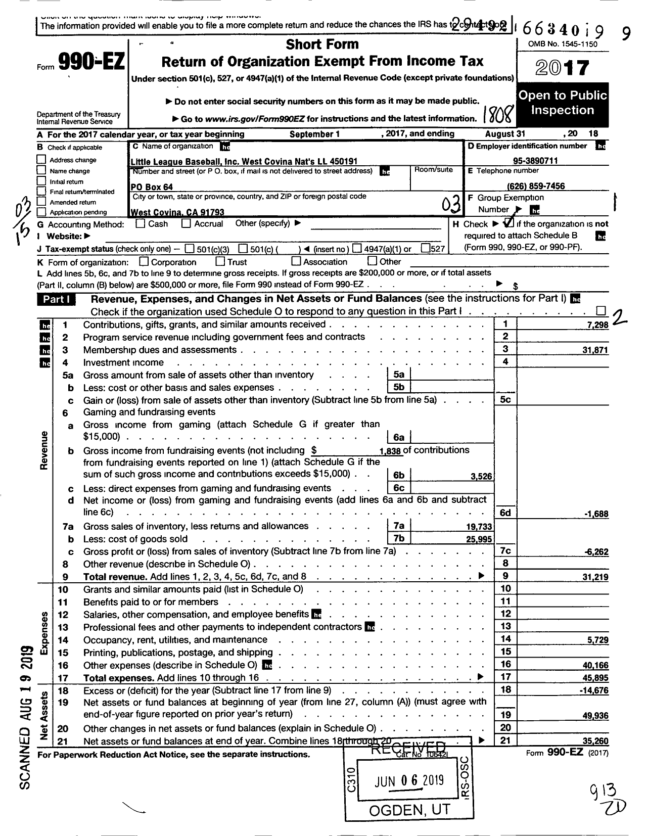 Image of first page of 2017 Form 990EZ for Little League Baseball - 4051914 West Covina National LL